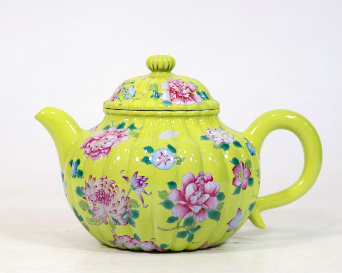 A GONGJU MARK YELLOW GROUND FAMILLE ROSE FLORAL MELON-RIBBED PURPLE CLAY TEAPOT (1 of 9)