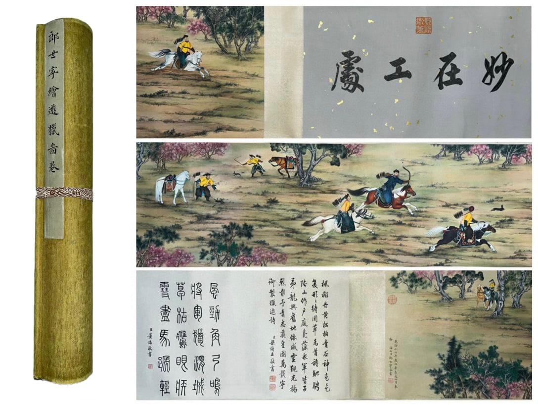 A CHINESE LONG SCROLL HAND PAINTING WITH THE MARK OF LANG SHINING: A CHINESE LONG SCROLL HAND PAINTING WITH THE MARK OF LANG SHINING 134*33CM