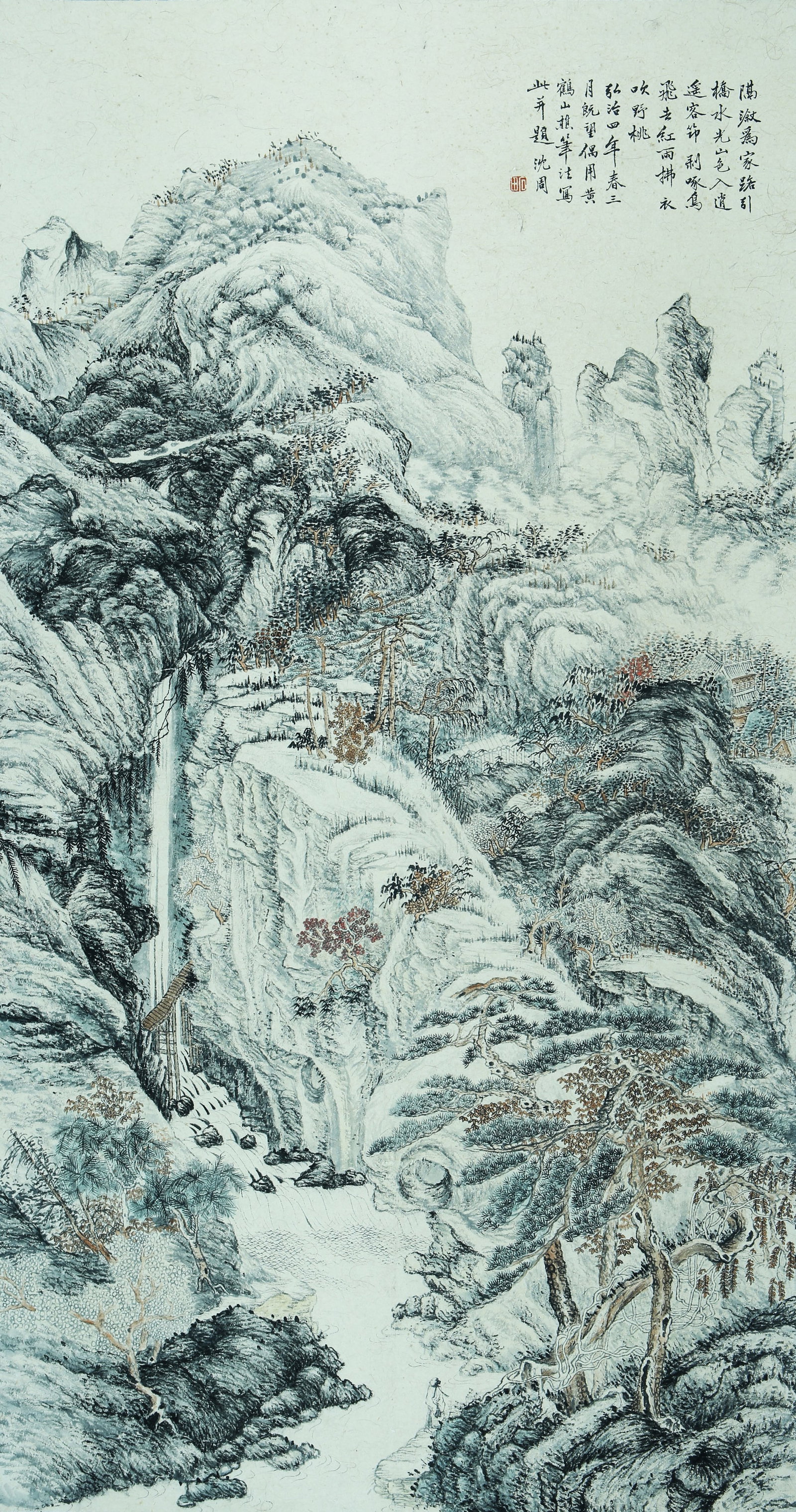 A CHINESE HAND PAINTING WITH THE MARK OF SHEN ZHOU: A CHINESE HAND PAINTING WITH THE MARK OF SHEN ZHOU 128*67CM