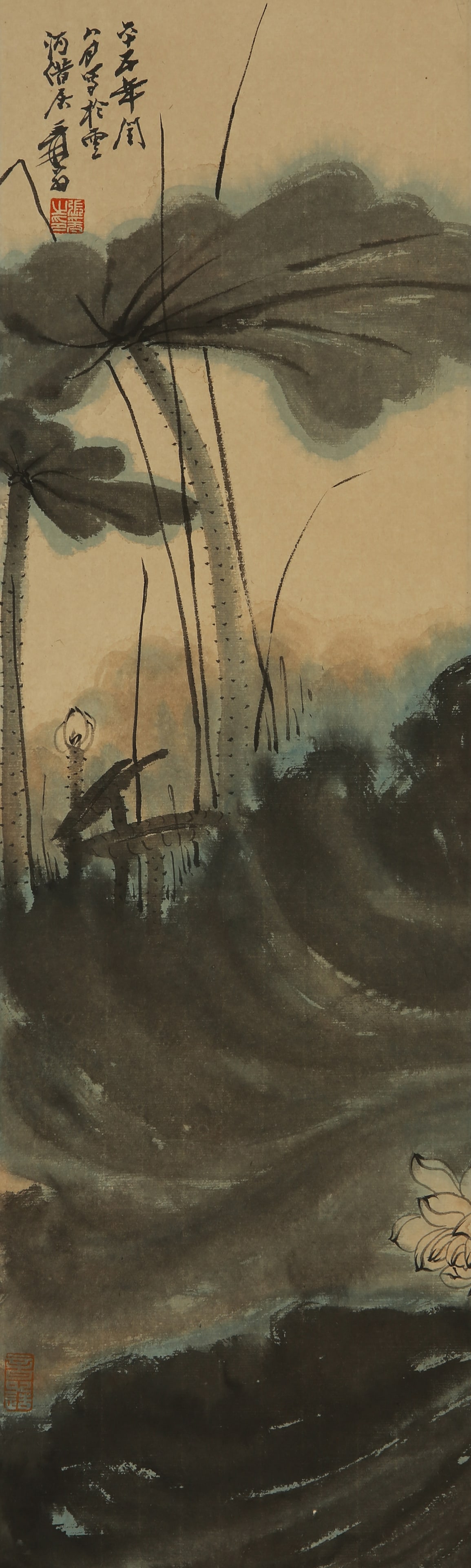 A CHINESE HAND PAINTING WITH THE MARK OF ZHANG DAQIAN: A CHINESE HAND PAINTING WITH THE MARK OF ZHANG DAQIAN 67*20CM