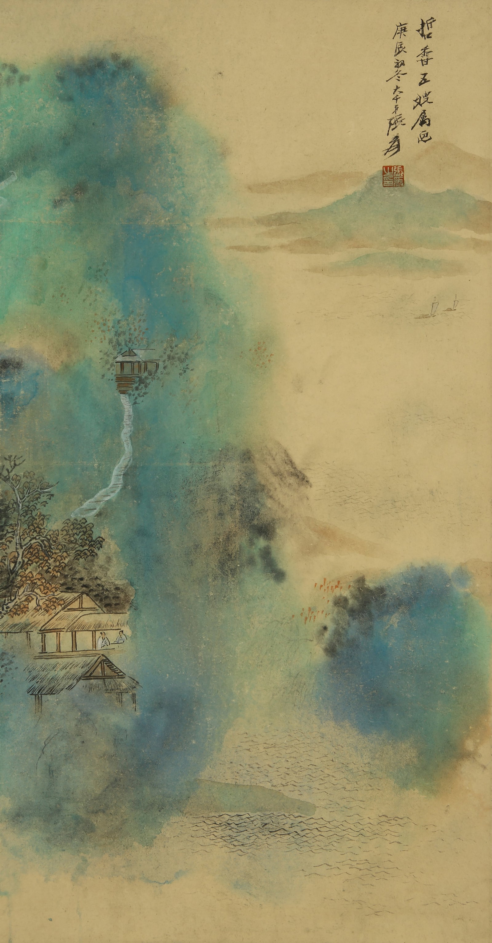 A CHINESE HAND PAINTING WITH THE MARK OF ZHANG DAQIAN: A CHINESE HAND PAINTING WITH THE MARK OF ZHANG DAQIAN 65*34CM