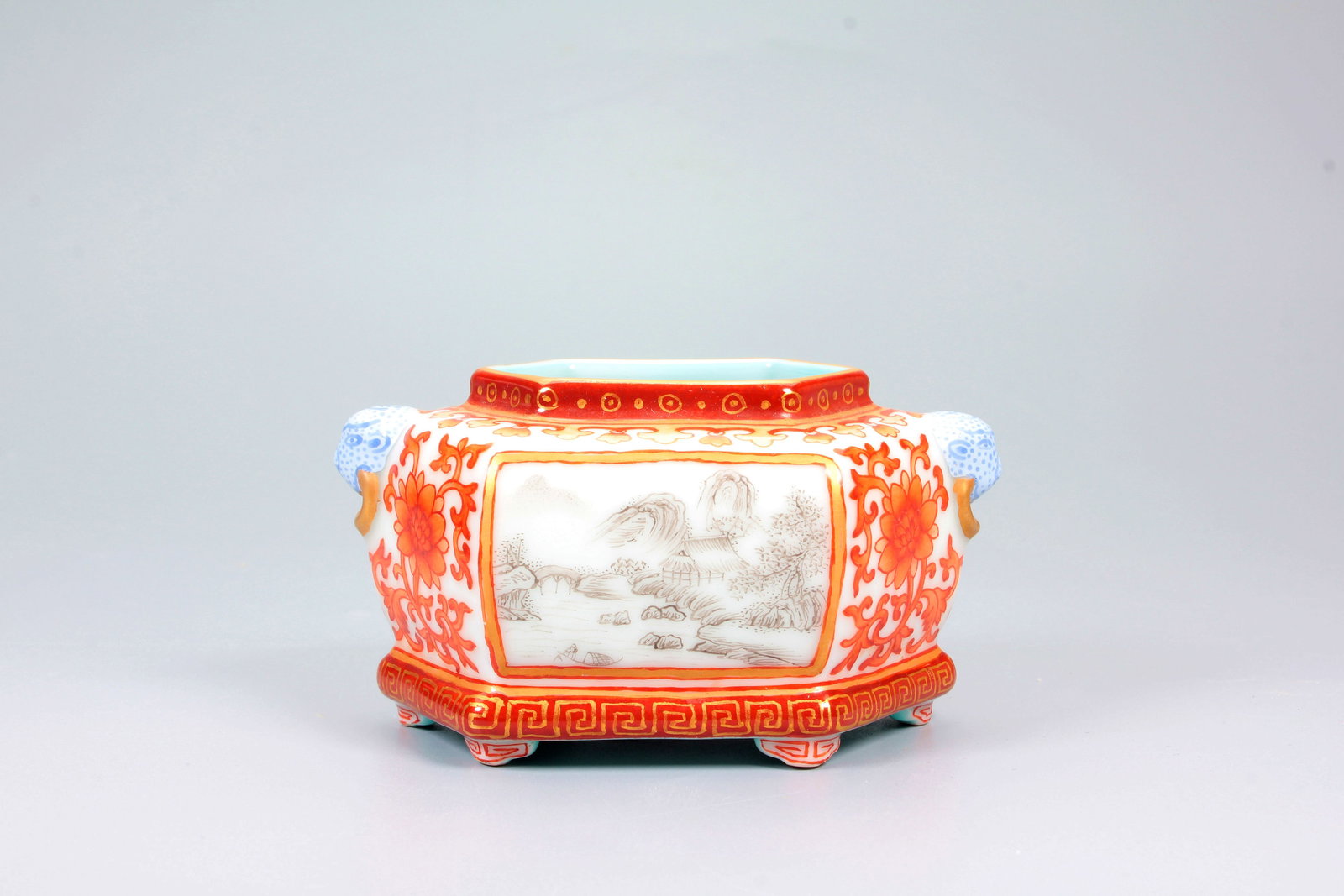 A COPPER RED GROUND OPENWORK BLACK ENAMEL LANDSCAPE SIX-SIDED WATER VESSEL (1 of 8)