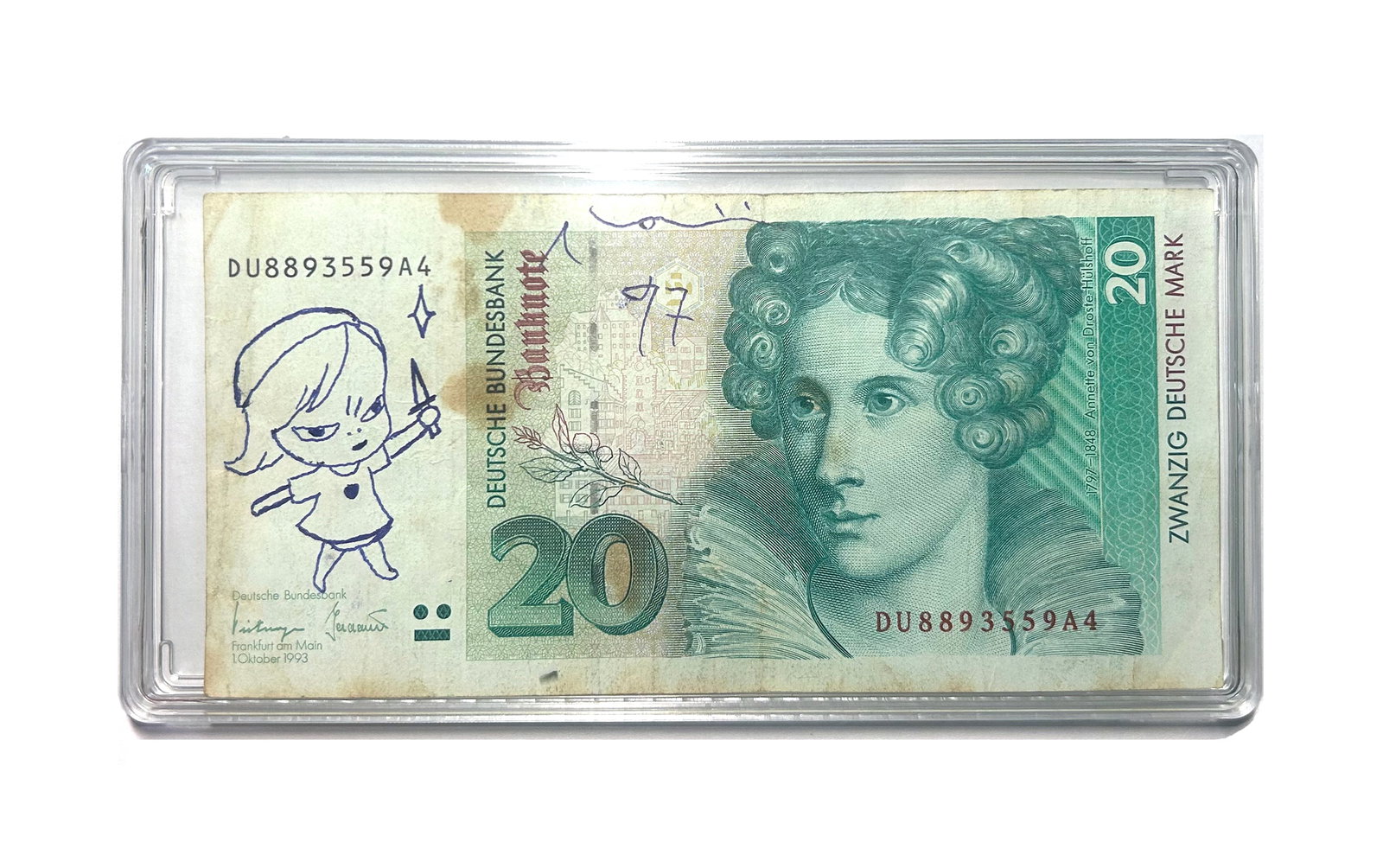 A BALLPOINT DRAWING ON DEUTSCHE MARK WITH THE MARK OF YOSHITOMO NARA (1 of 3)