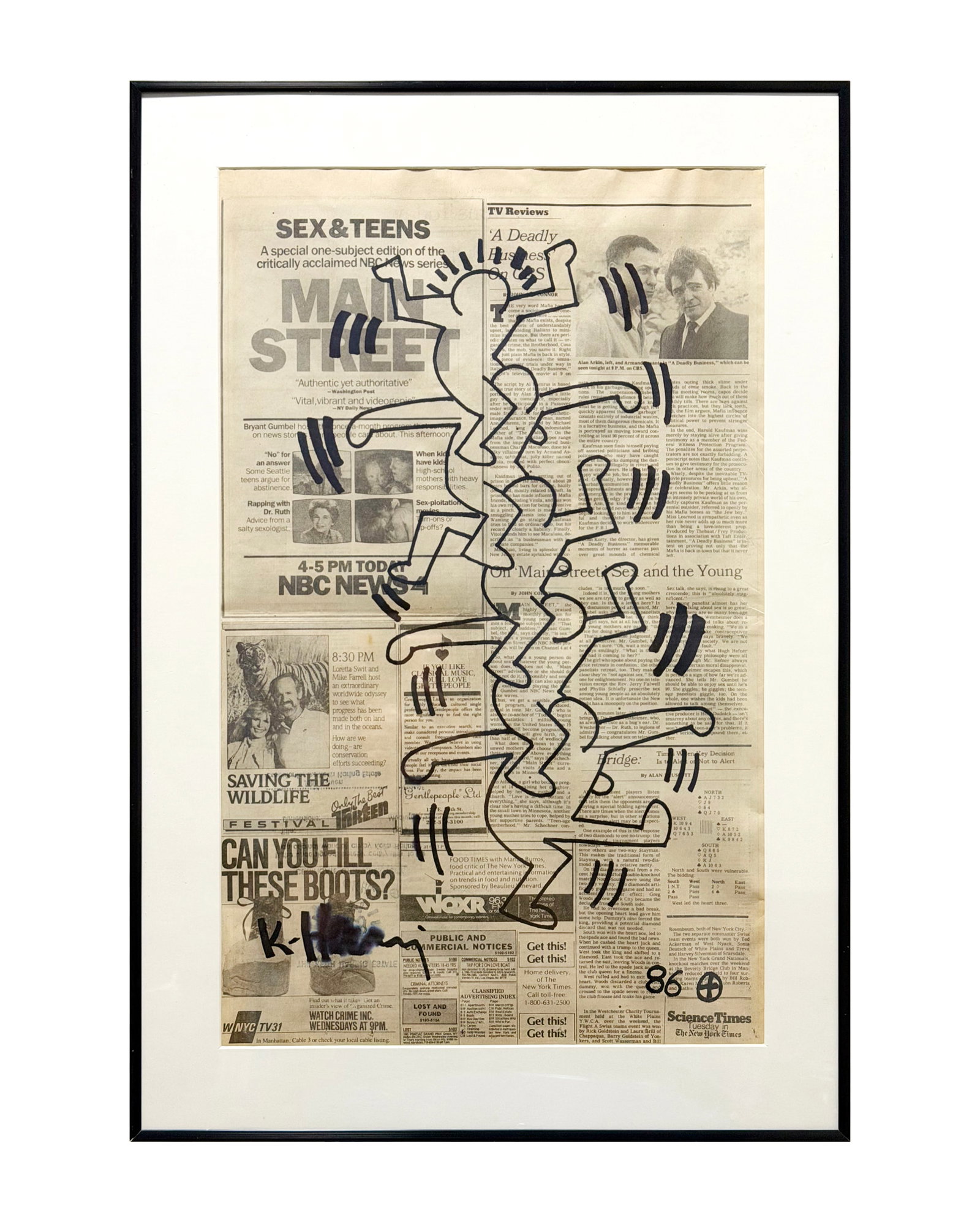 A MARKER DRAWING ON NEWSPAPER WITH THE MARK OF KEITH HARING: A MARKER DRAWING ON NEWSPAPER WITH THE MARK OF KEITH HARING 55.5*34.5CM; FRAMED DIMENSIONS:65*44CM