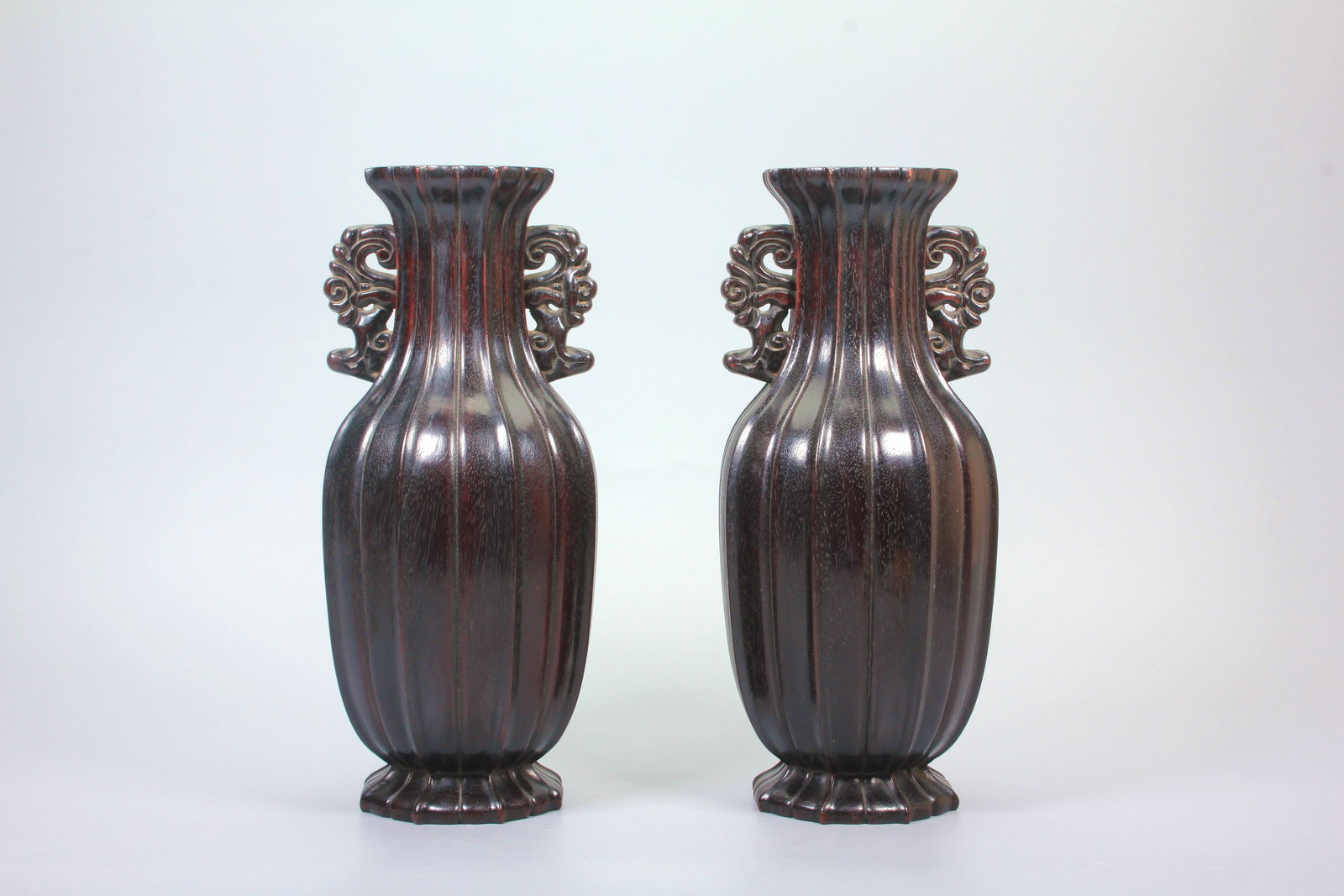 A PAIR OF ZITAN DOUBLE EAR MELON RIDGED VASE (1 of 11)