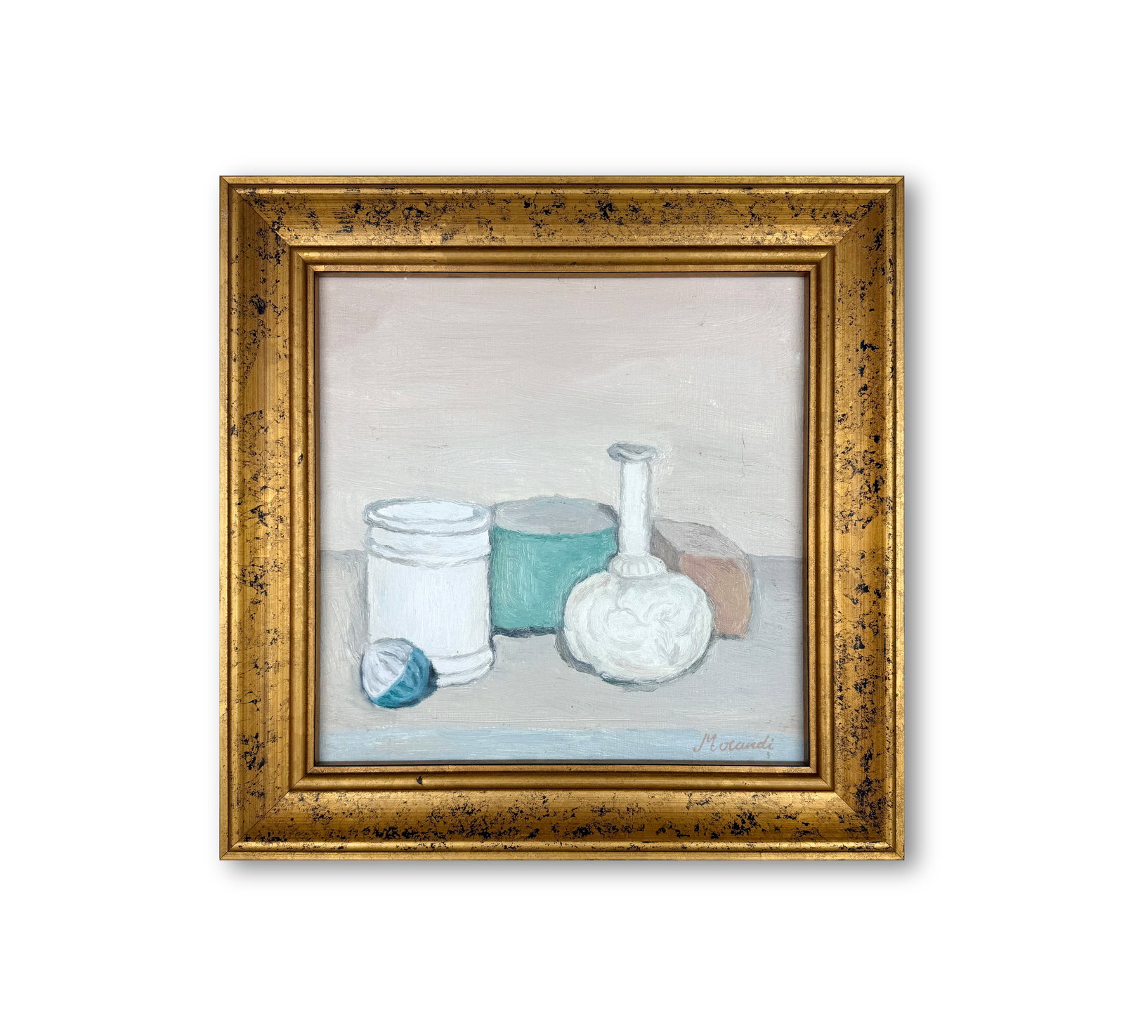 AN OIL PAINTING ON CANVAS WITH THE MARK OF GIORGIO MORANDI: AN OIL PAINTING ON CANVAS WITH THE MARK OF GIORGIO MORANDI 30*30CM; FRAMED DIMENSIONS: 39*39CM