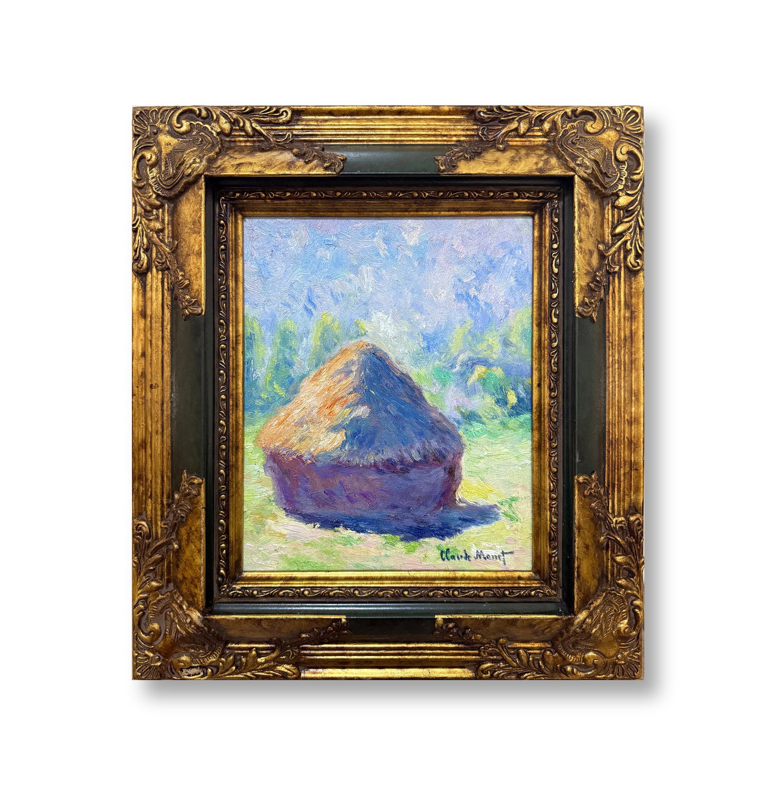 AN OIL PAINTING ON CANVAS WITH THE MARK OF CLAUDE MONET: AN OIL PAINTING ON CANVAS WITH THE MARK OF CLAUDE MONET 27*22CM; FRAMED DIMENSIONS: 42.5*37CM