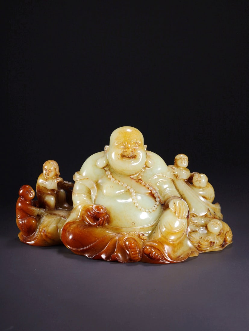 A HETIAN JADE FIVE CHILDREN PLAYING WITH MAITREYA ORNAMENT: A HETIAN JADE FIVE CHILDREN PLAYING WITH MAITREYA ORNAMENT 20*12*11.3CM
