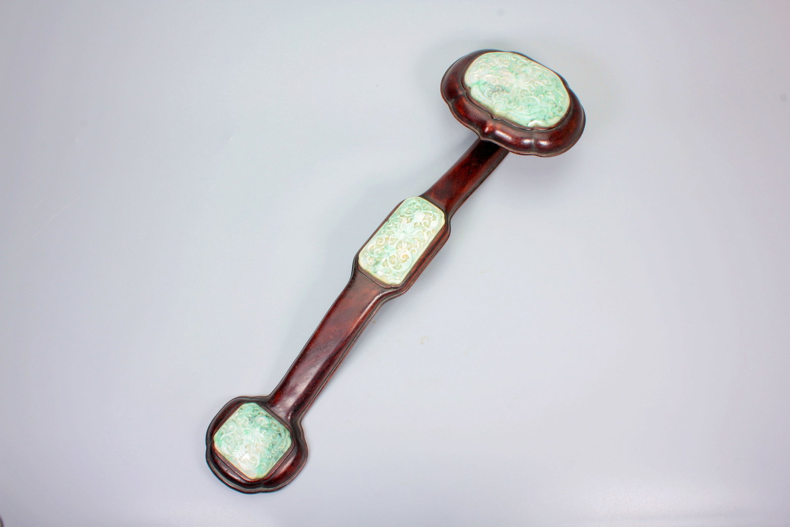 A ZITAN INLAID JADEITE INTERTWINED LOTUS INSCRIBED POEM RUYI ORNAMENT (1 of 11)
