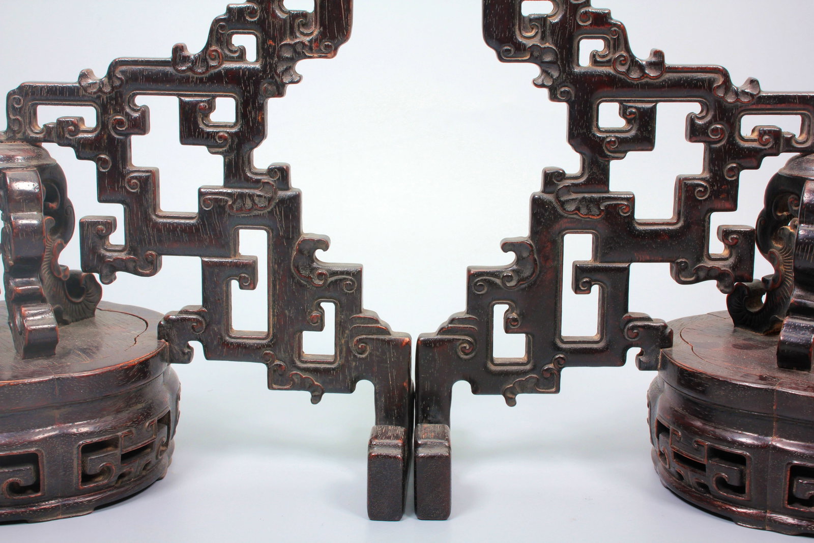 A ZITAN DRAGON PATTERN WOOD STAND PAIR - 10