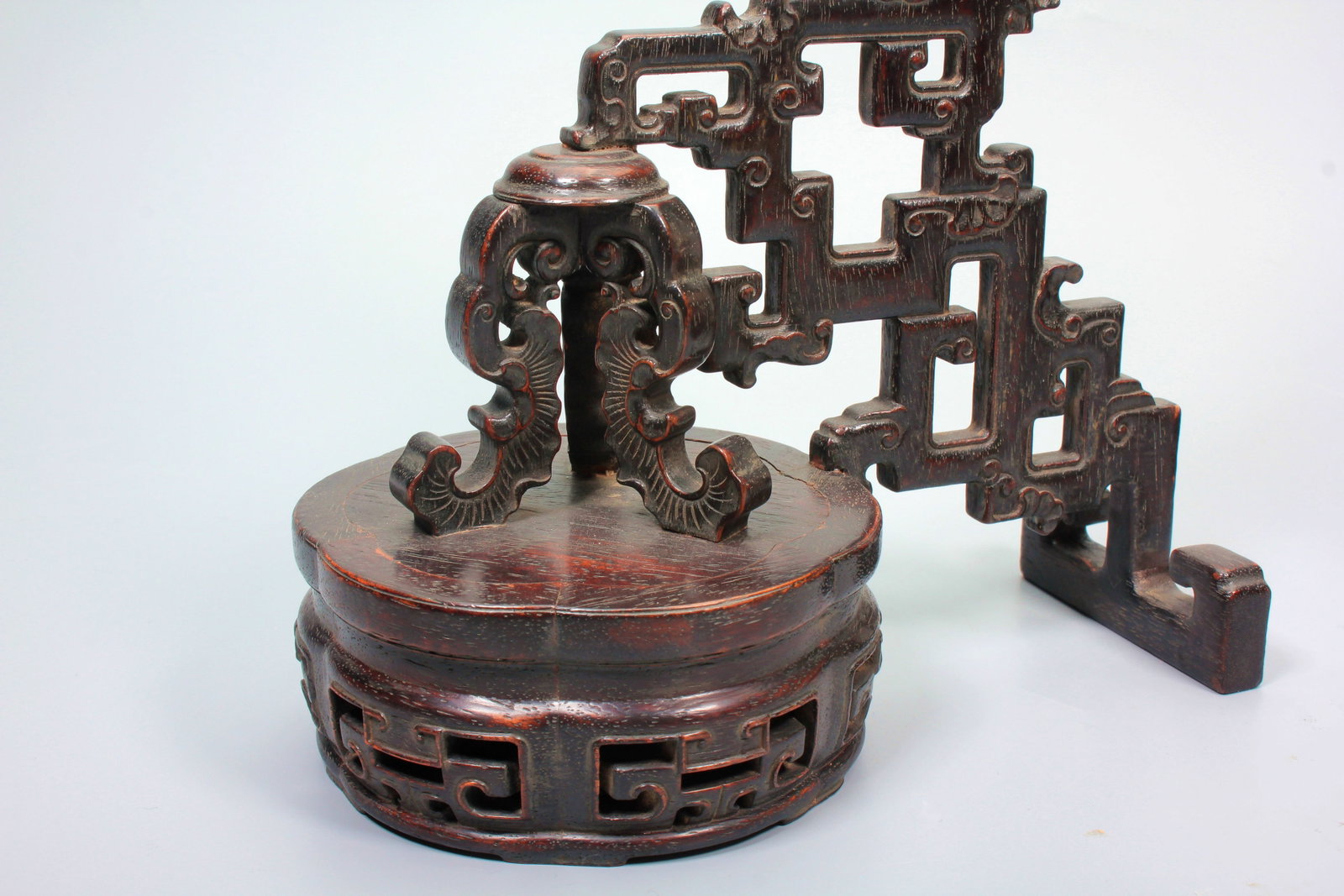 A ZITAN DRAGON PATTERN WOOD STAND PAIR - 12