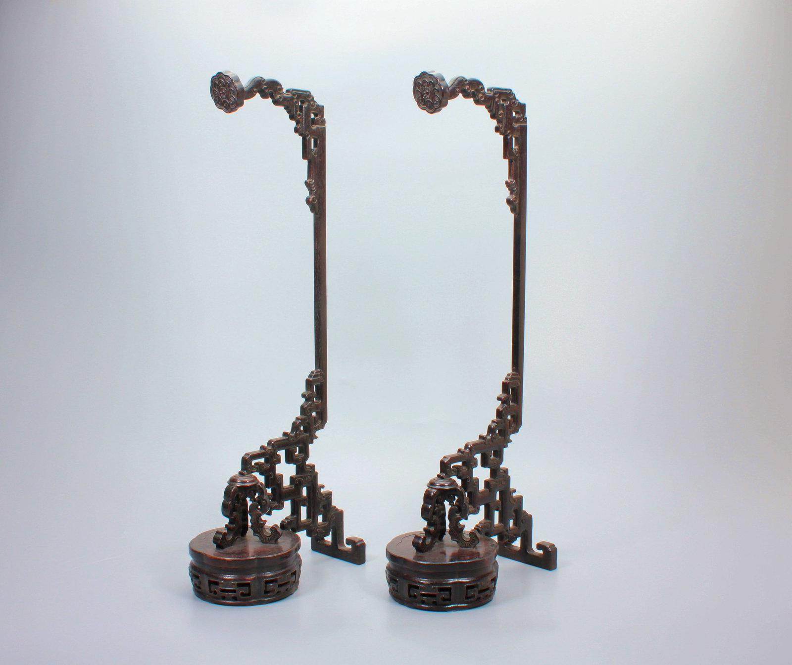A ZITAN DRAGON PATTERN WOOD STAND PAIR - 2