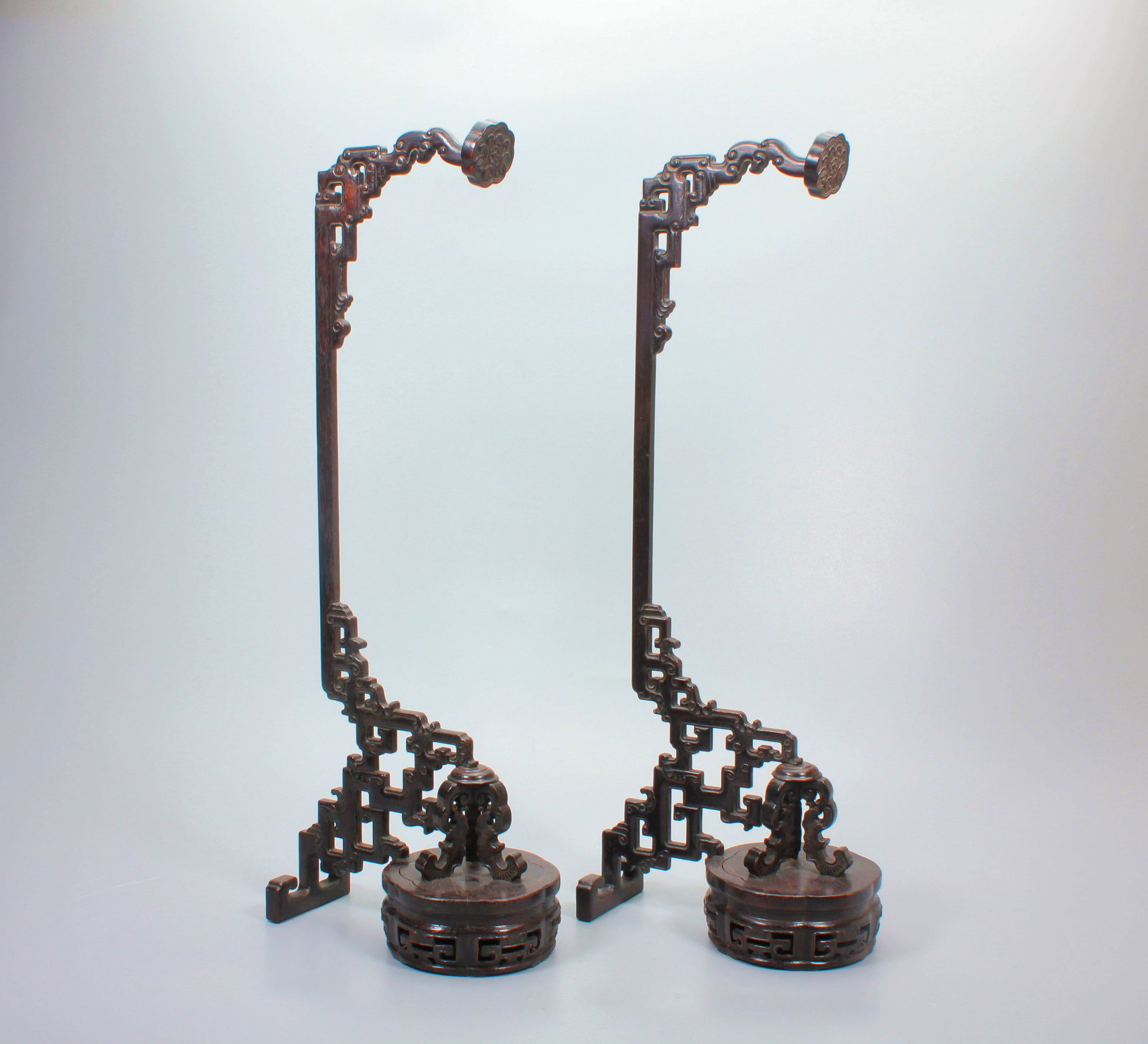 A ZITAN DRAGON PATTERN WOOD STAND PAIR - 3