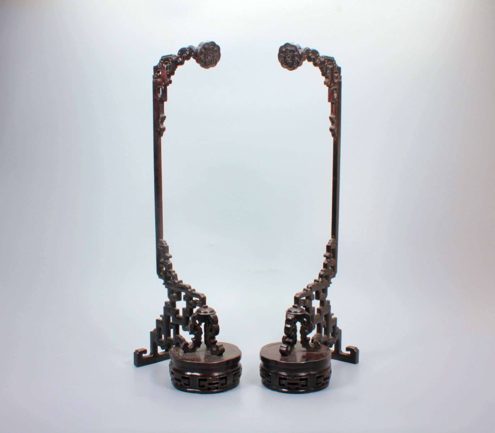 A ZITAN DRAGON PATTERN WOOD STAND PAIR - 4