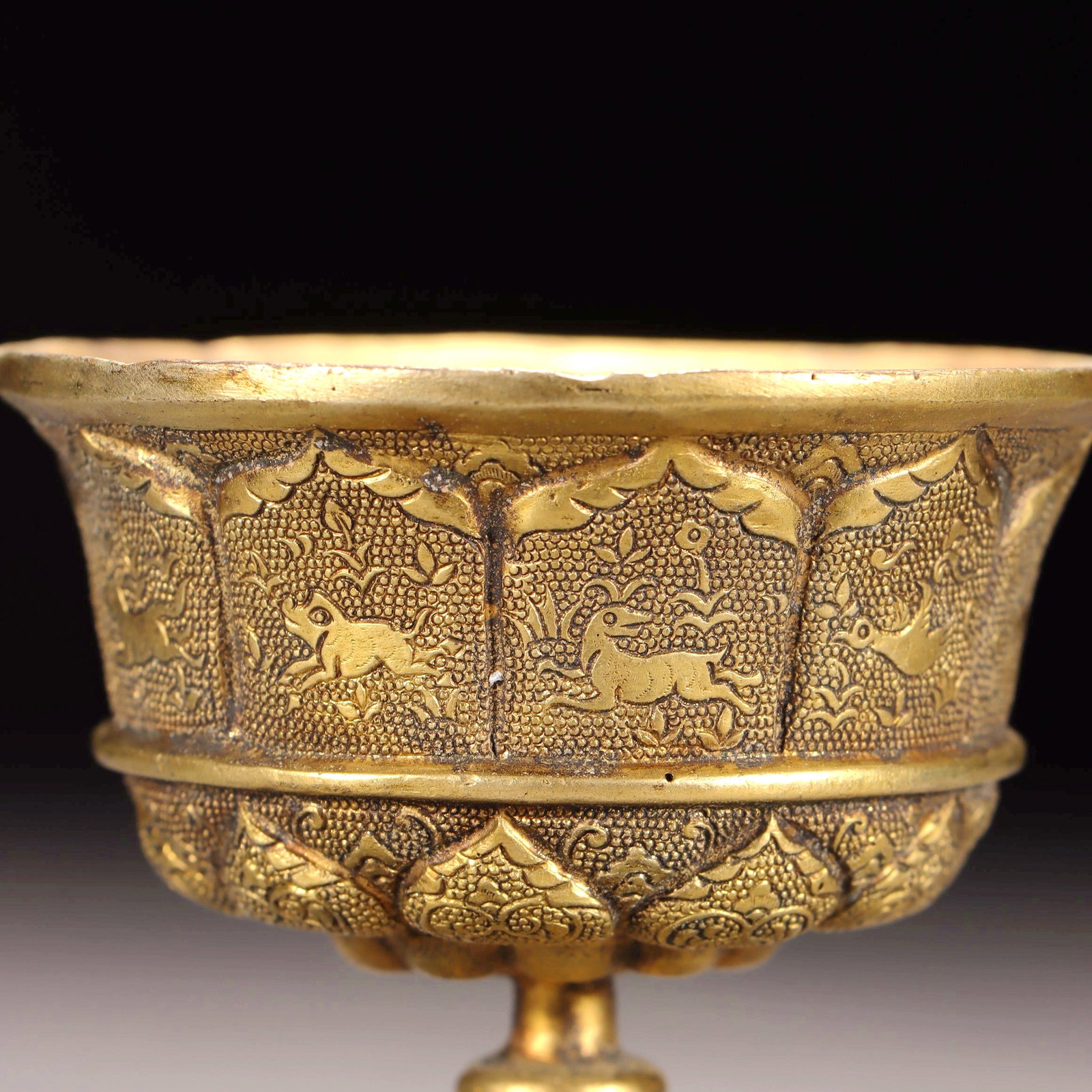 A GILT BRONZE CHASED HIGH STEM CUP - 2