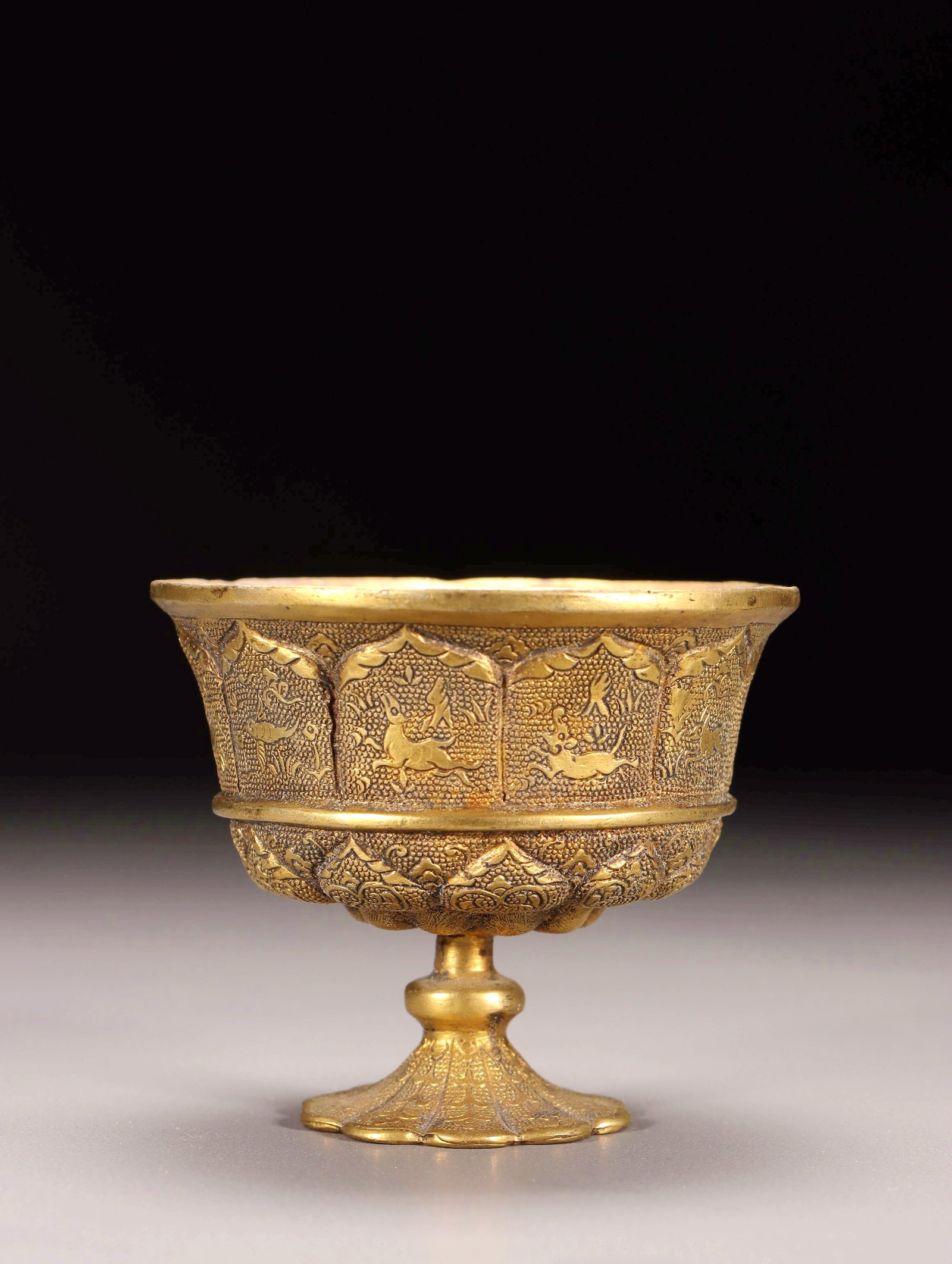 A GILT BRONZE CHASED HIGH STEM CUP - 3