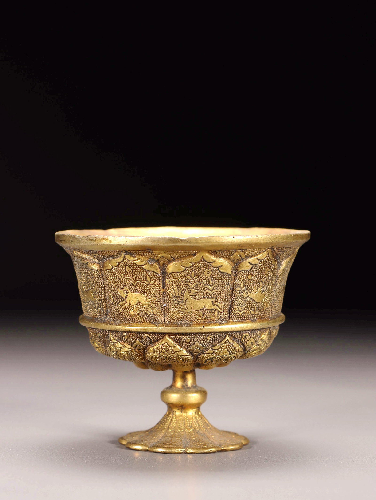 A GILT BRONZE CHASED HIGH STEM CUP - 4