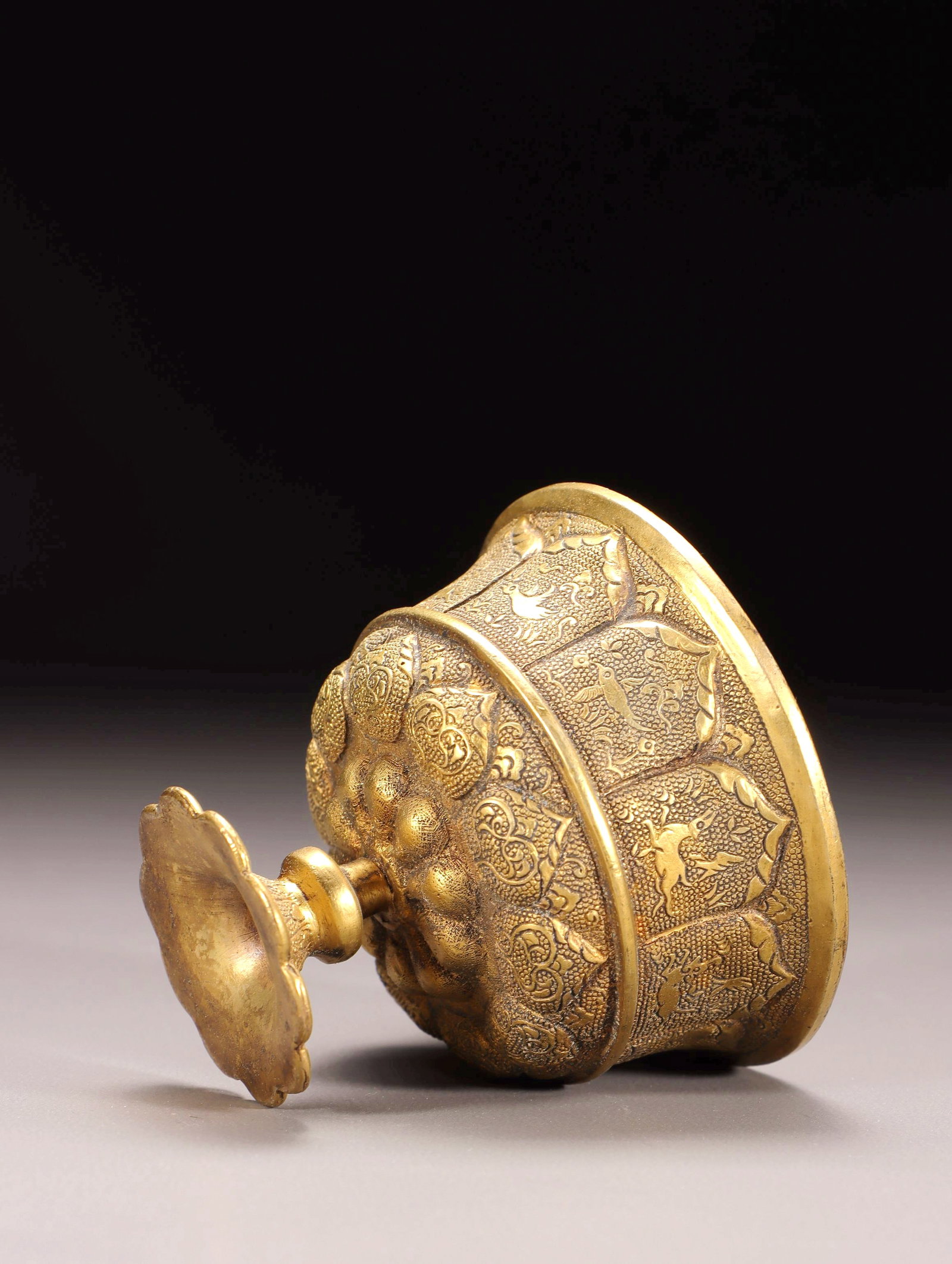 A GILT BRONZE CHASED HIGH STEM CUP - 5