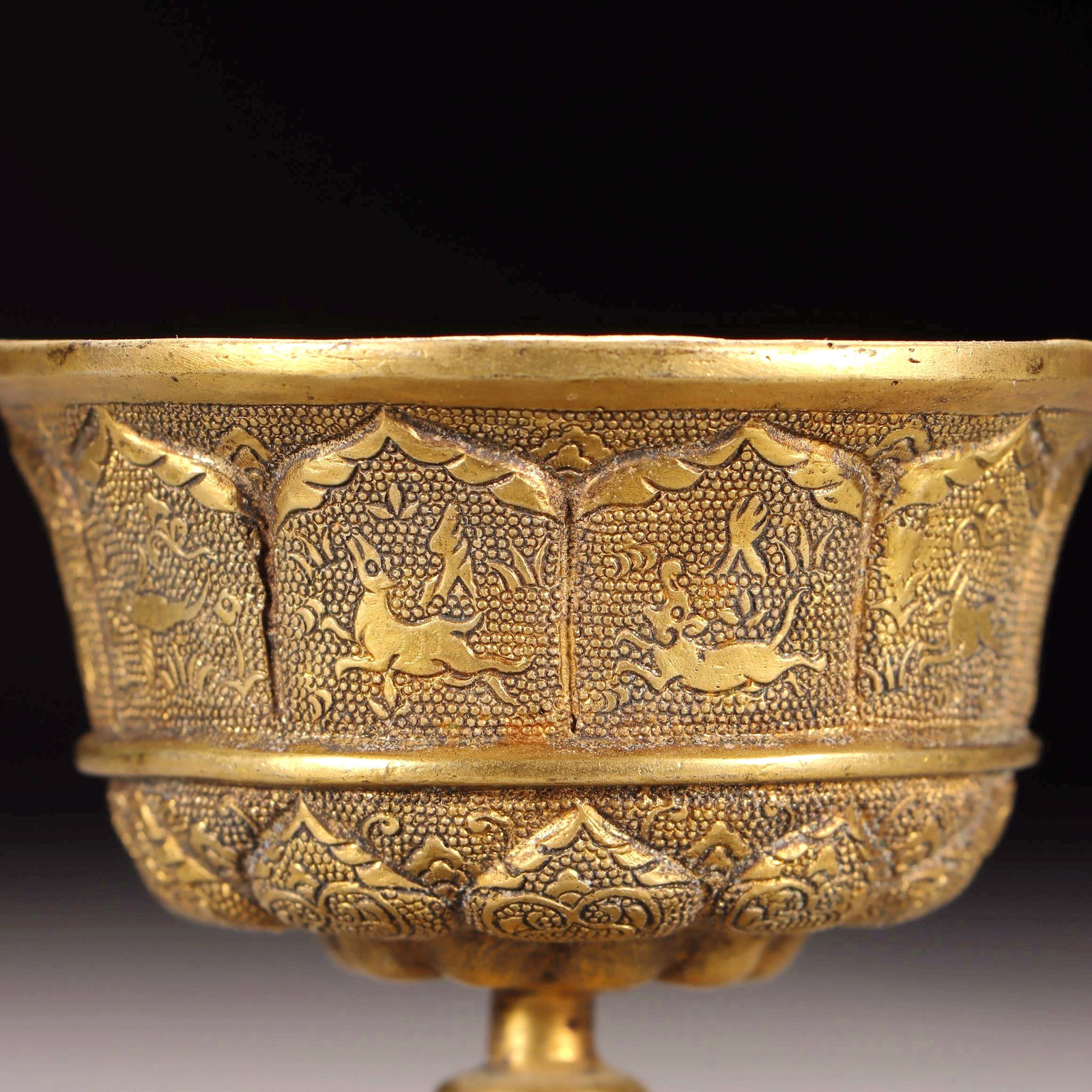 A GILT BRONZE CHASED HIGH STEM CUP - 7