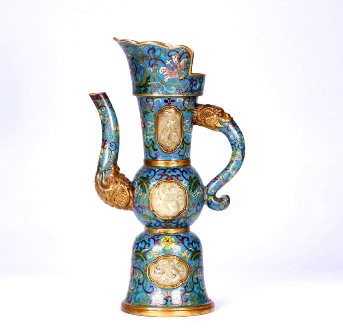 A CLOISONNÉ HETIAN JADE-INLAID DRAGON PATTERN DONGHU POT (1 of 9)