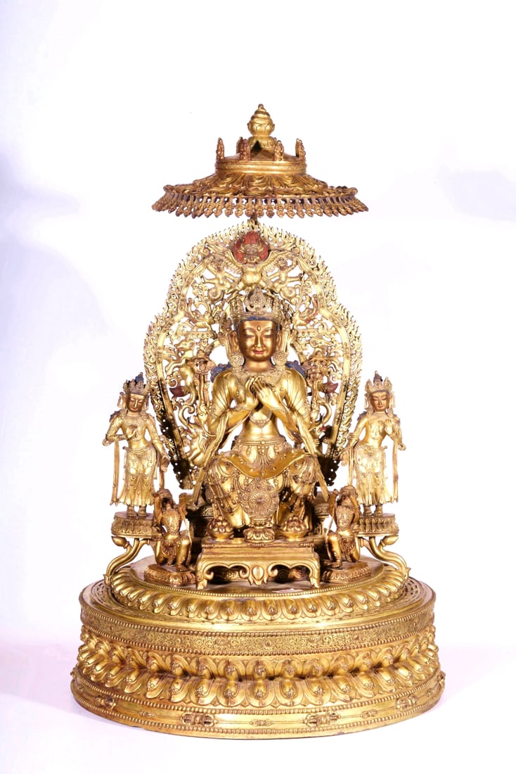 A GILT BRONZE BACKREST FIGURE OF THE FUTURE BUDDHA: A GILT BRONZE BACKREST FIGURE OF THE FUTURE BUDDHA H:63CM,D:41CM,27800G