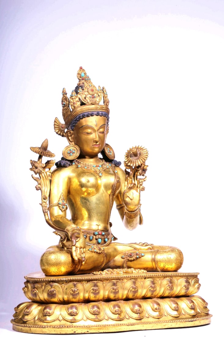 A GILT BRONZE TURQUOISE AND AGATE INLAID FIGURE OF WHITE SEATED TARA (1 of 12)