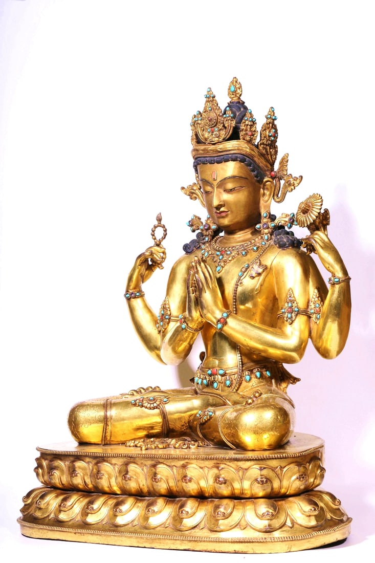A GILT BRONZE TURQUOISE-INLAID FOUR-ARMED FIGURE OF SEATED AVALOKITESHVARA: A GILT BRONZE TURQUOISE-INLAID FOUR-ARMED FIGURE OF SEATED AVALOKITESHVARA H:63CM,L:49CM,W:35CM,25900G