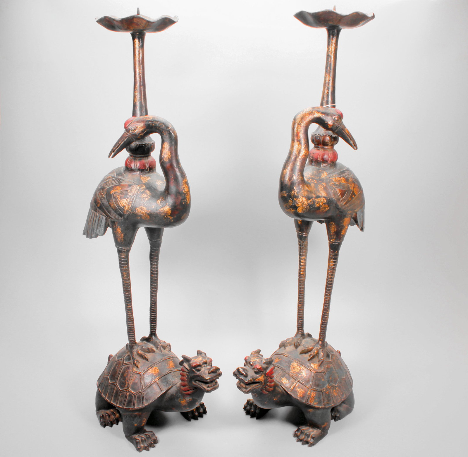 A PAIR OF GILT-BRONZE CRANE AND TURTLE CANDLESTICK: A PAIR OF GILT-BRONZE CRANE AND TURTLE CANDLESTICK H:74CM,L:17CM,W:30CM