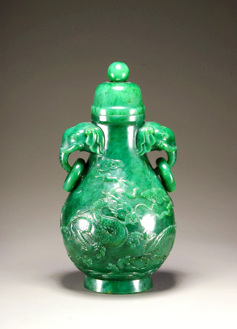 A HETIAN DARK GREEN JADE DRAGON PATTERN ELEPHANT-EAR VASE (1 of 10)