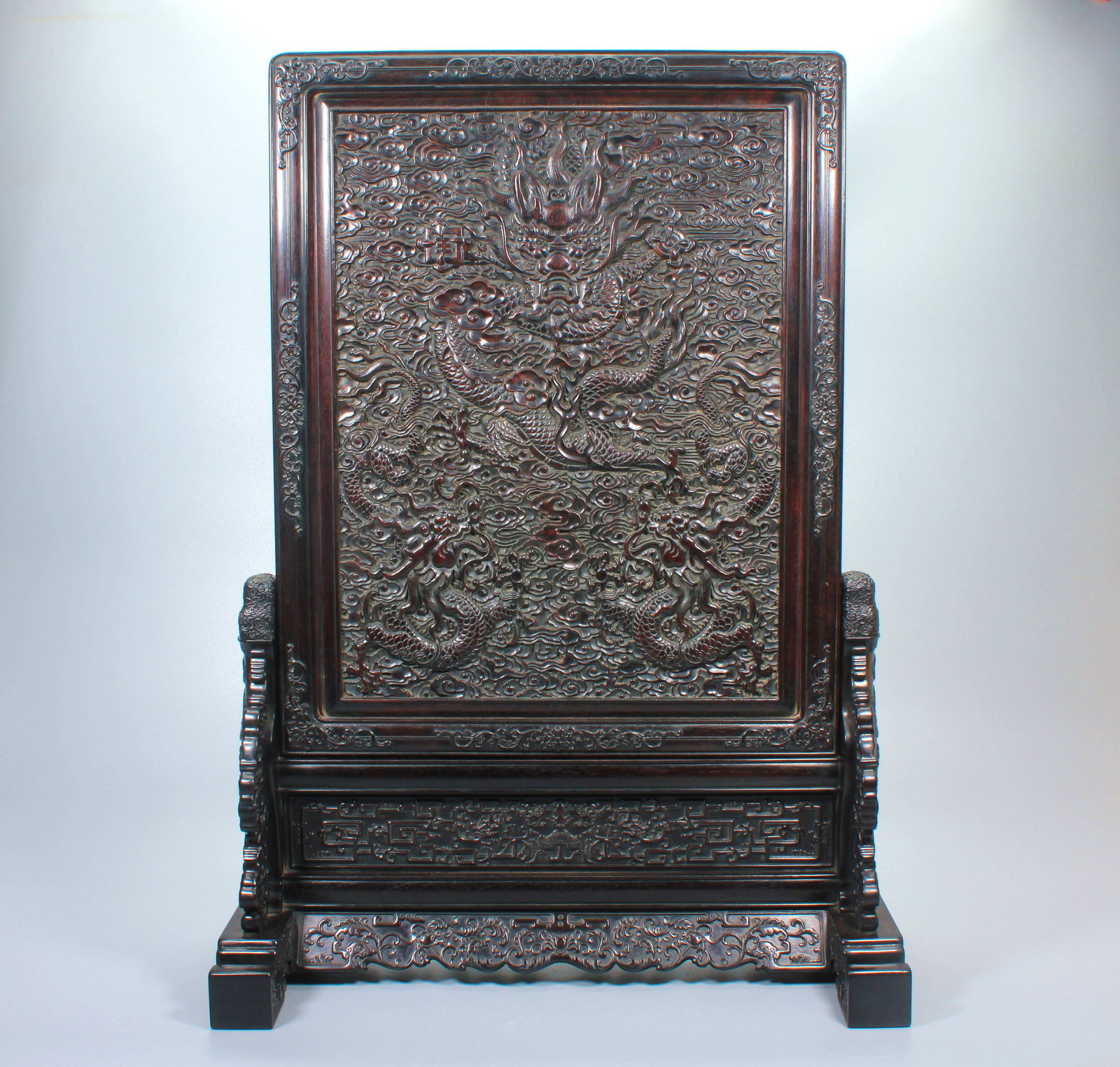 A ZITAN DRAGON PATTERN IMPERIAL INSCRIBED POEM TABLE SCREEN (1 of 20)