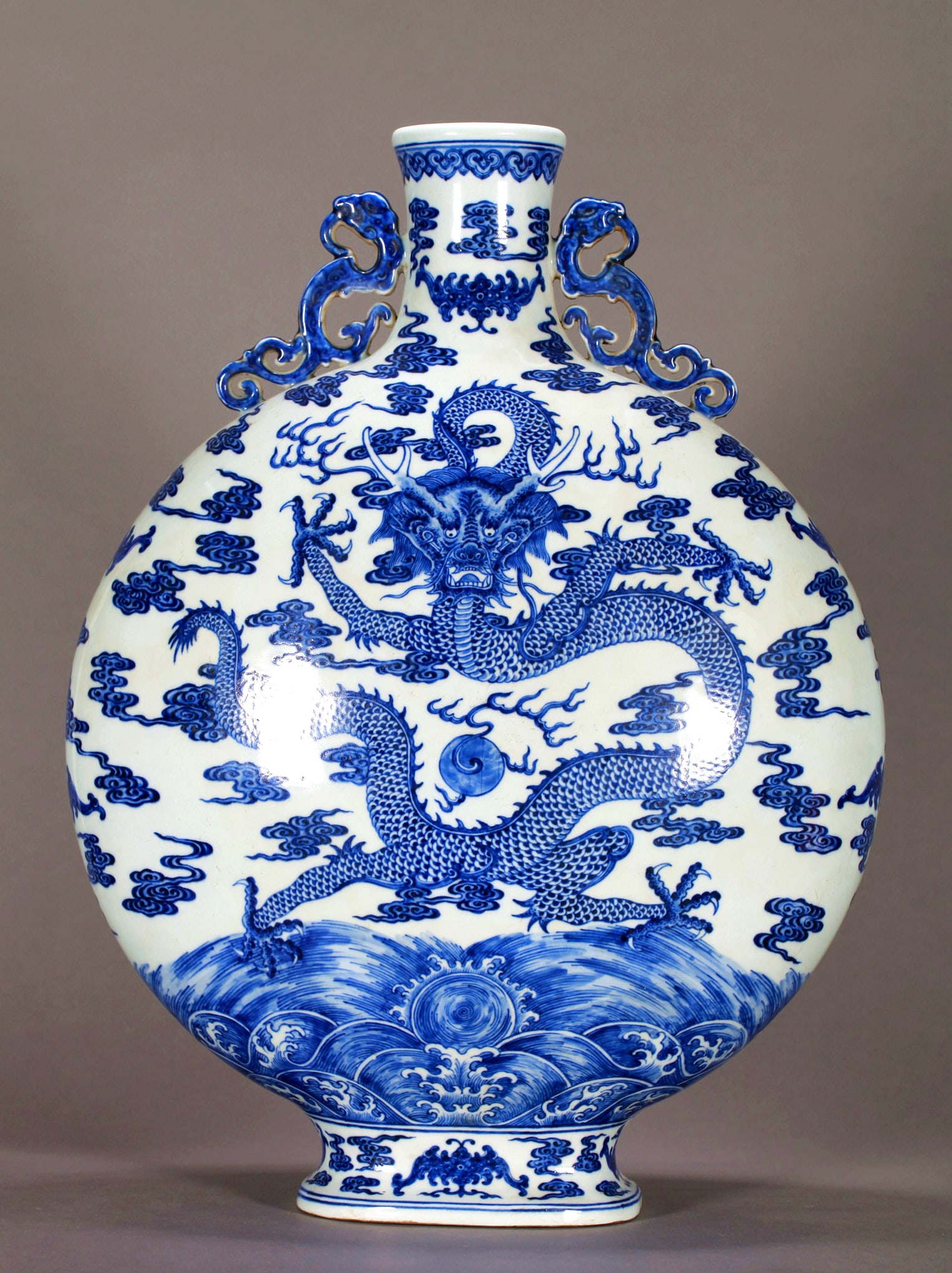 A BLUE AND WHITE CLOUD DRAGON MOONFLASK - 10
