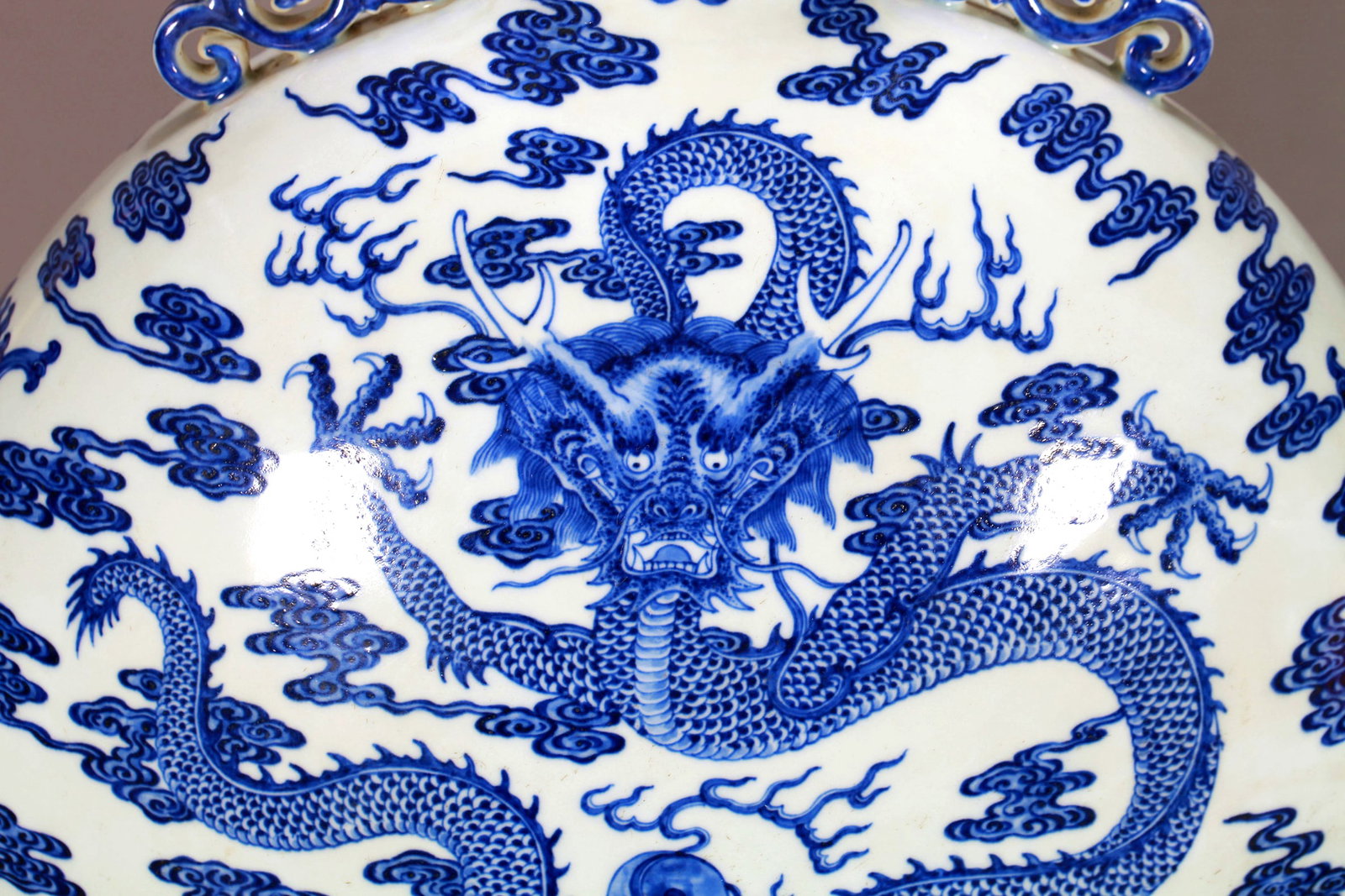 A BLUE AND WHITE CLOUD DRAGON MOONFLASK - 16