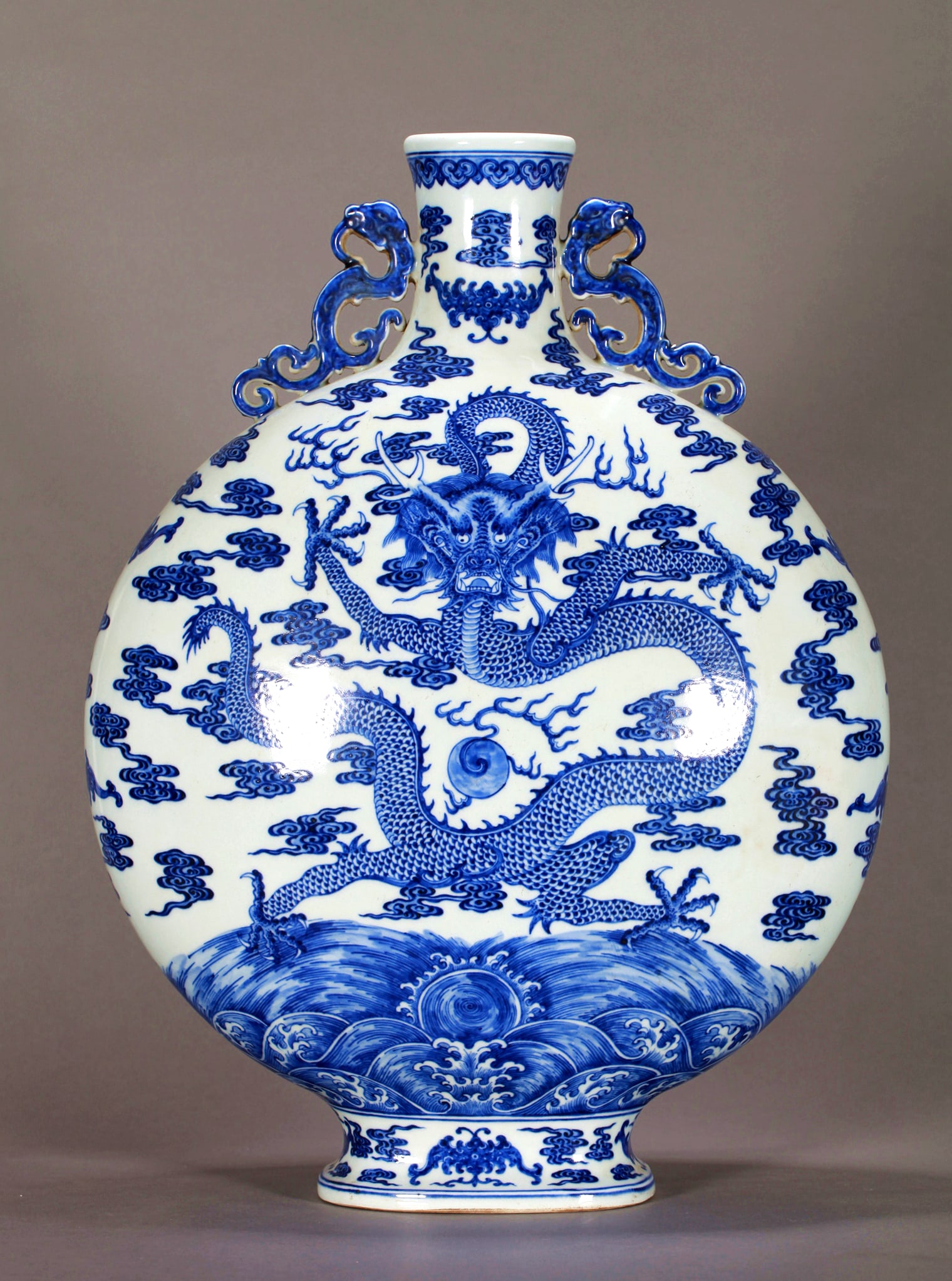 A BLUE AND WHITE CLOUD DRAGON MOONFLASK - 3
