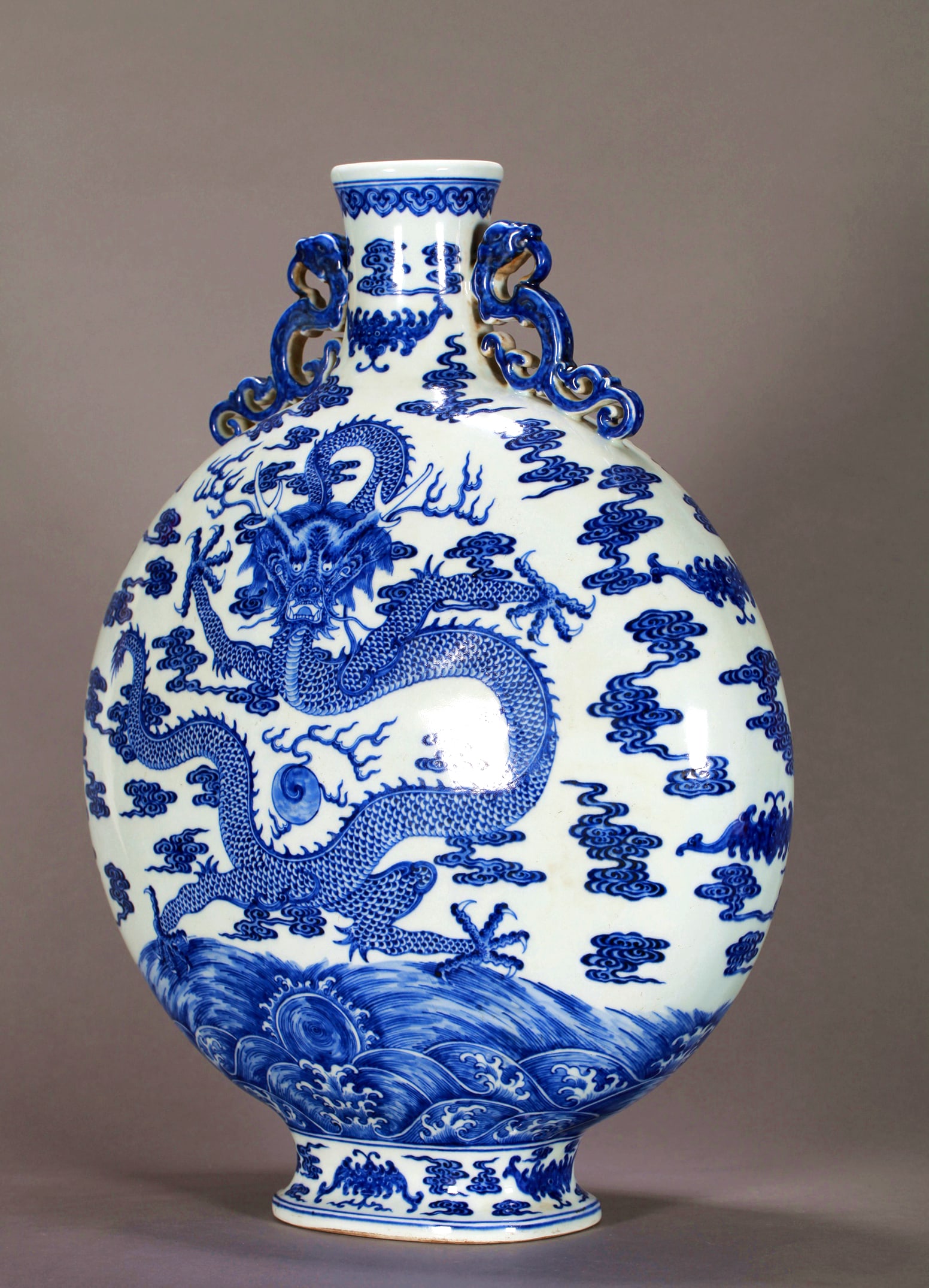 A BLUE AND WHITE CLOUD DRAGON MOONFLASK - 9
