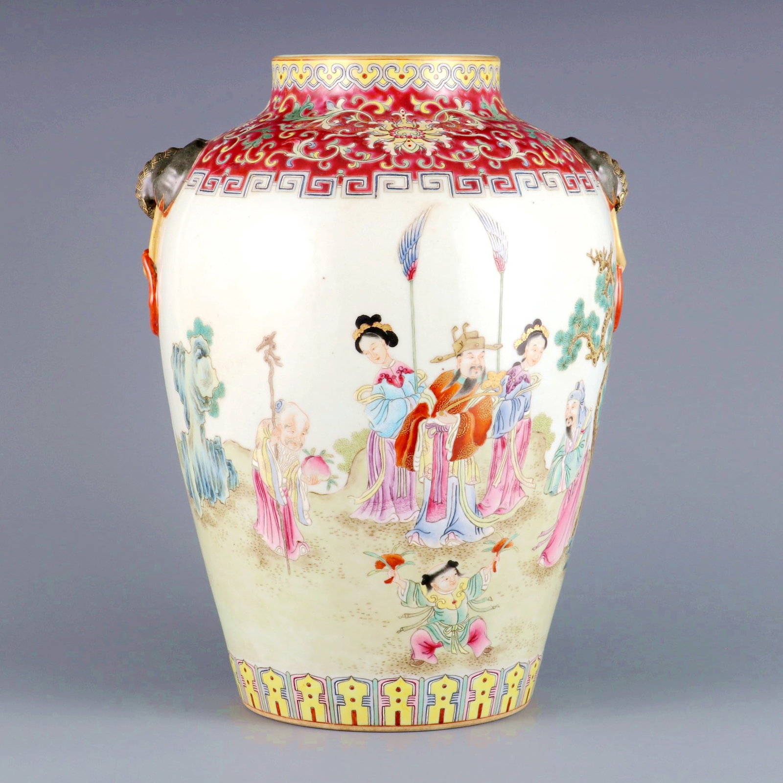 A FAMILLE ROSE PROMOTION EIGHT IMMORTALS TUBULAR VASE: A FAMILLE ROSE PROMOTION EIGHT IMMORTALS TUBULAR VASE H:32CM,D:11CM