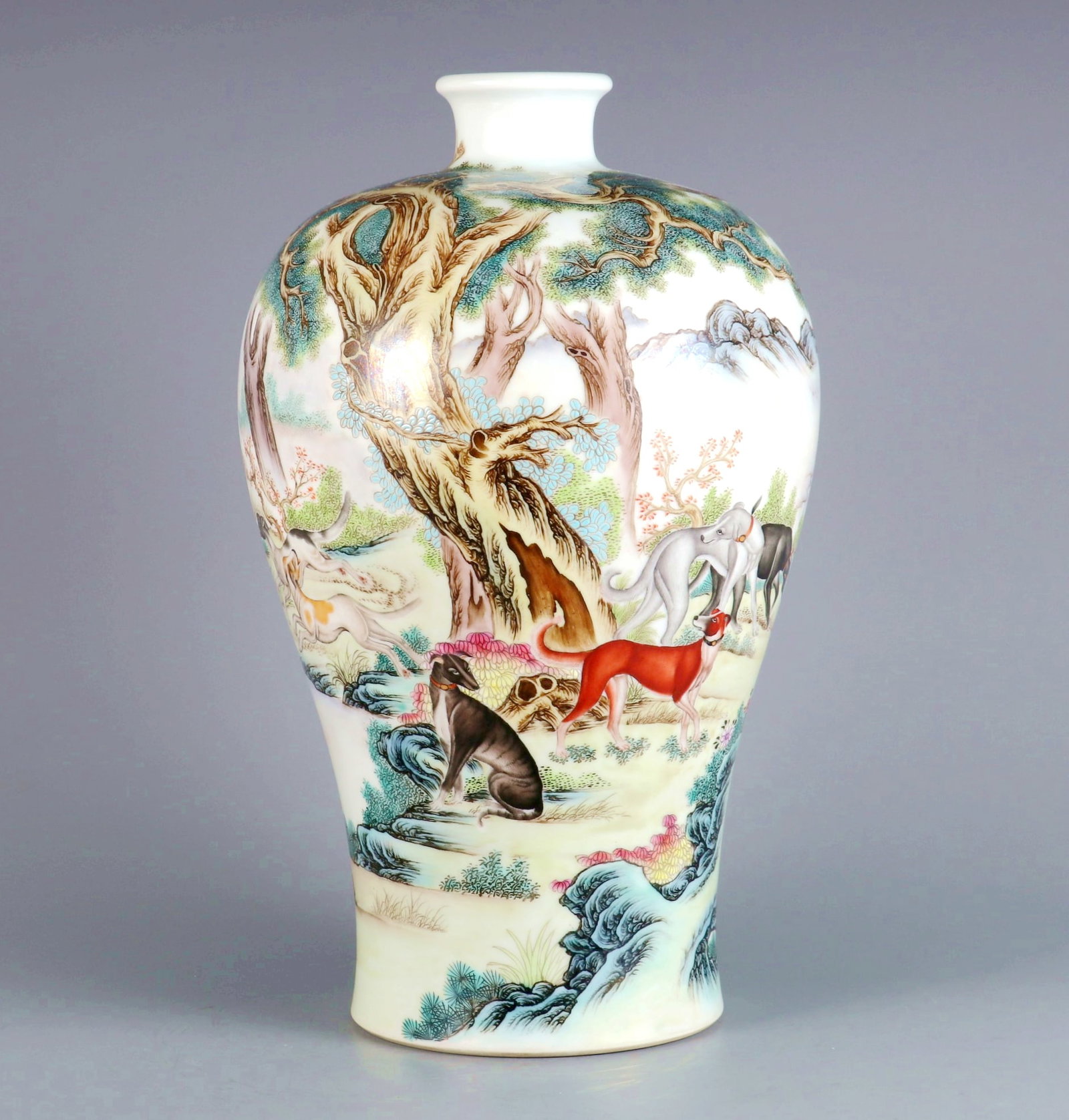 A ENAMEL PAINTED PERFECT BLESSINGS PRUNUS VASE: A ENAMEL PAINTED PERFECT BLESSINGS PRUNUS VASE H:32.5CM,D:19CM
