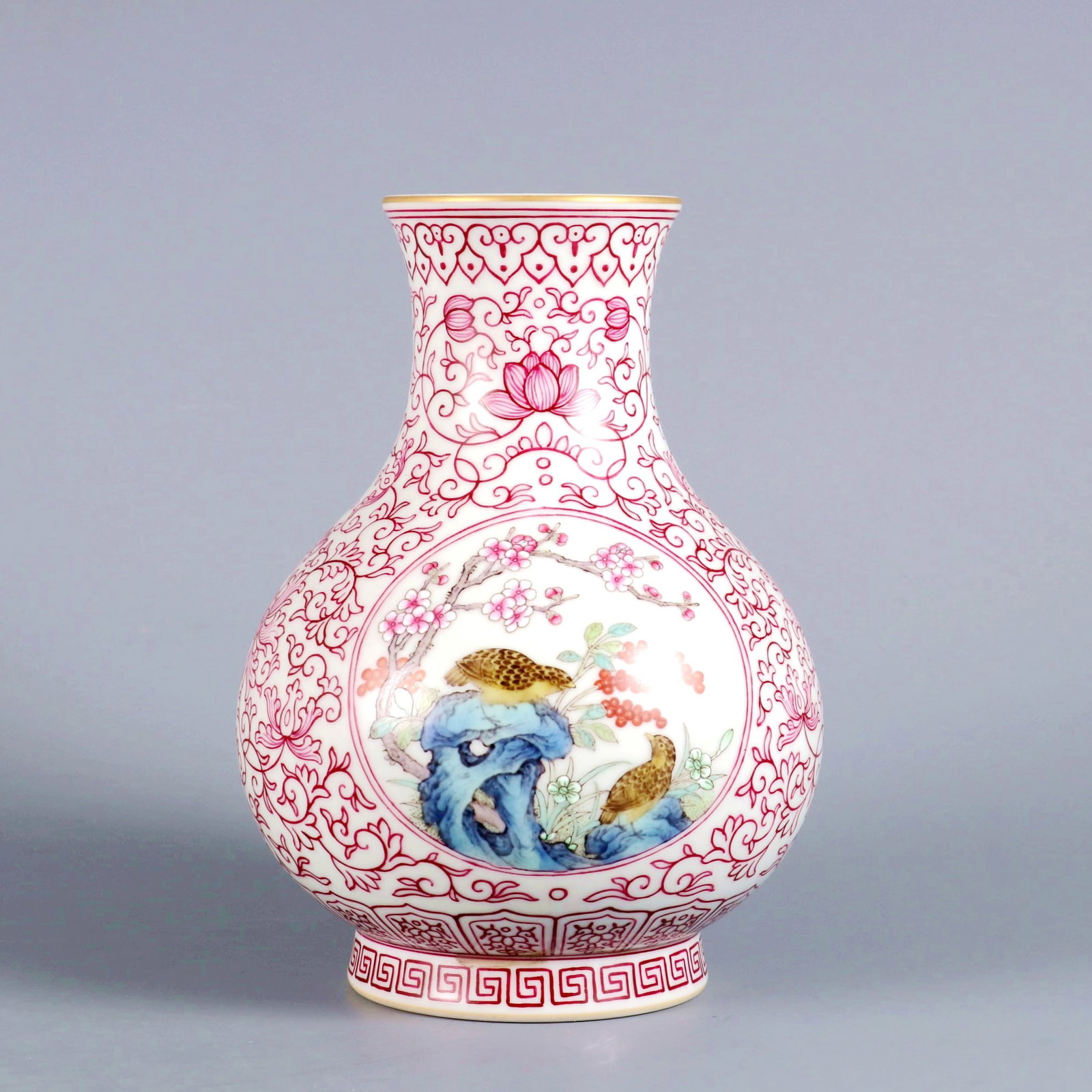 A CARMINE RED PASSIONFLOWER OPEN WINDOW FAMILLE ROSE PEACE WATER CHESTNUT VASE: A CARMINE RED PASSIONFLOWER OPEN WINDOW FAMILLE ROSE PEACE WATER CHESTNUT VASE H:17.8CM,D:12.5CM