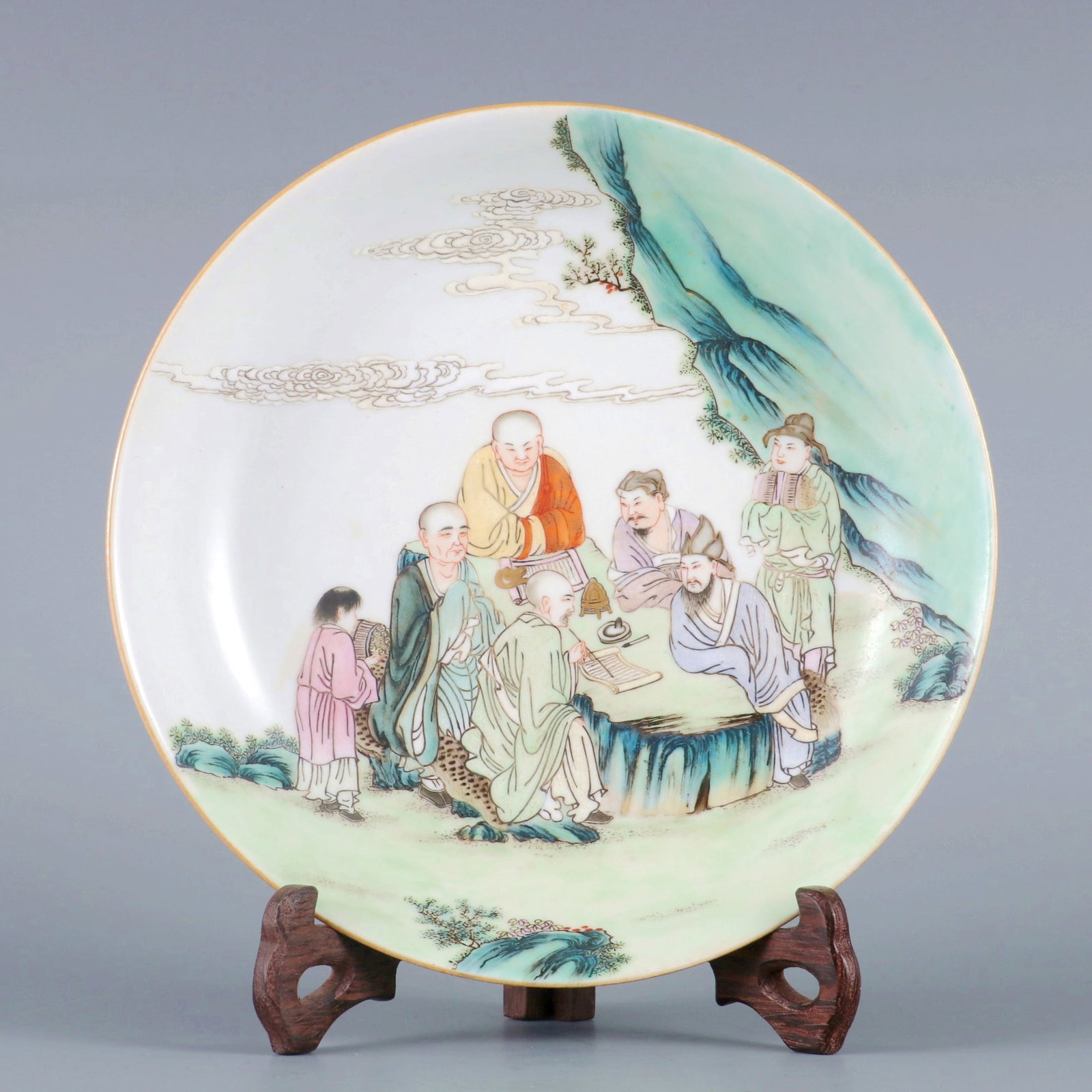 A FAMILLE ROSE LUOHAN COPYING SUTRA DISH (1 of 9)
