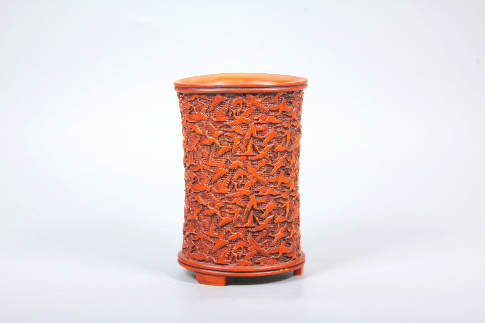 A BOXWOOD THOUSAND CRANES PATTERN BRUSH POT - 4
