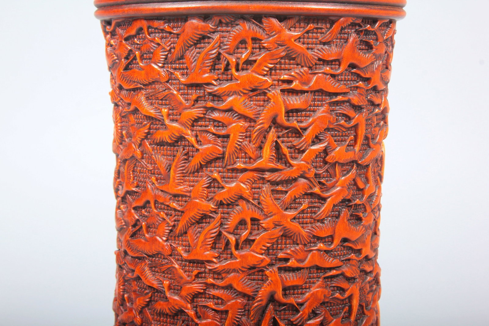 A BOXWOOD THOUSAND CRANES PATTERN BRUSH POT - 5