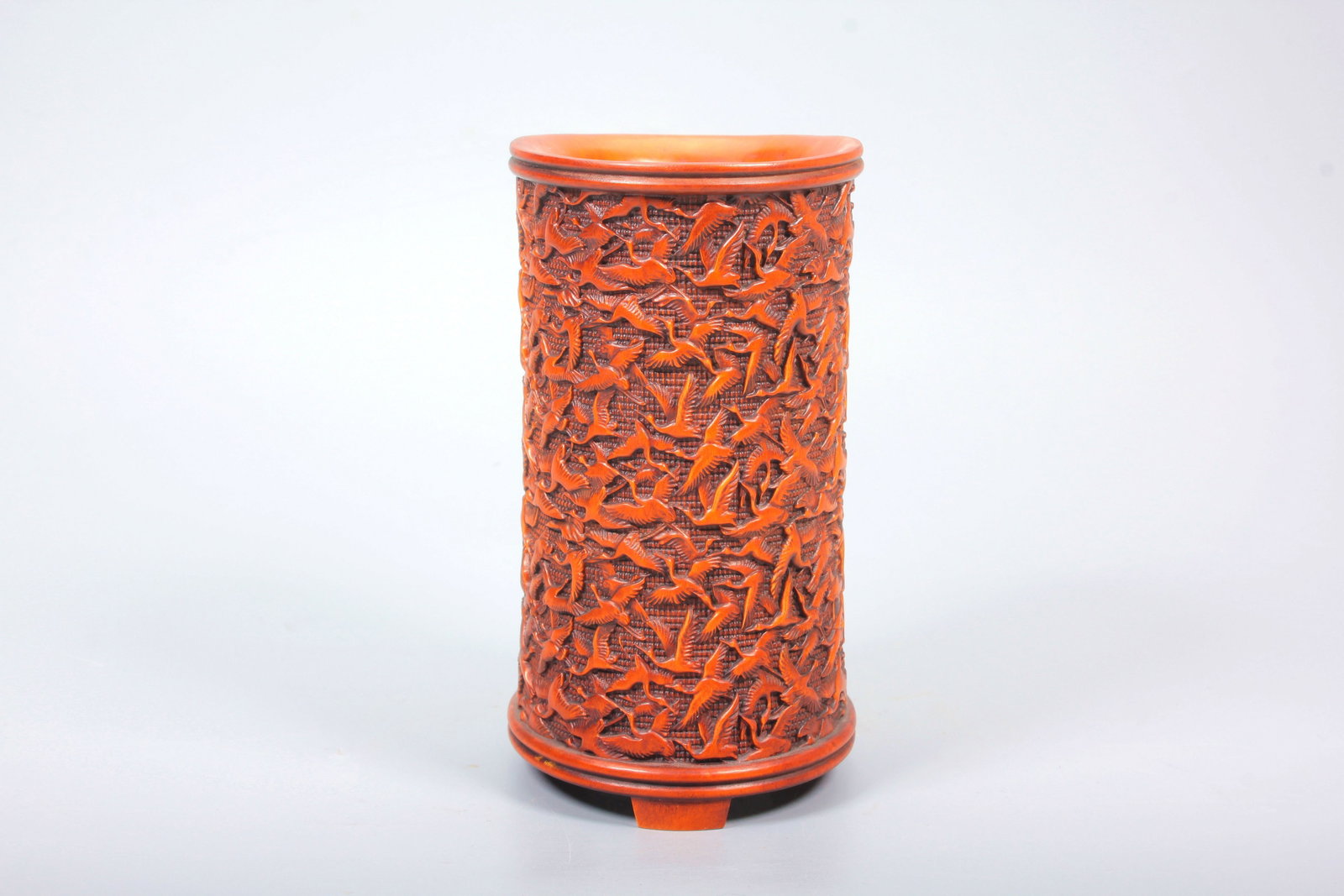 A BOXWOOD THOUSAND CRANES PATTERN BRUSH POT - 9