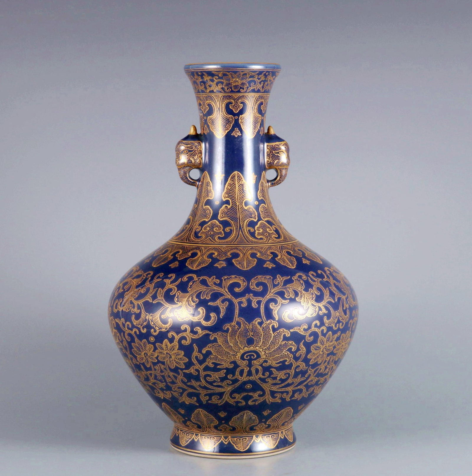A SKY BLUE GLAZE GOLD-DESCRIBED BANANA LEAF LOTUS PETAL PHEASANT-EAR VASE (1 of 9)