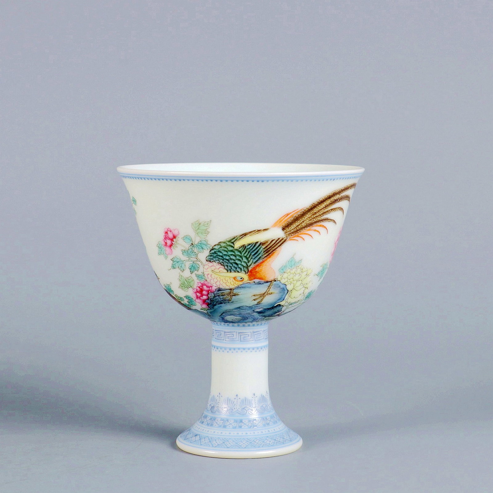 A ENAMEL PAINTED GILT PEONY AND GOLDEN PHEASANT HIGH STEM CUP (1 of 9)