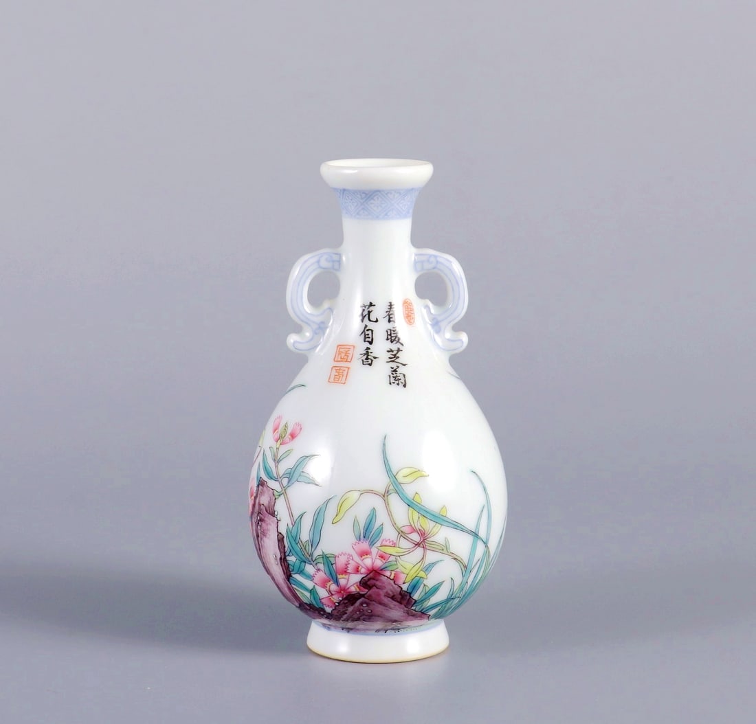 A ENAMEL PAINTED INSCRIBED ORCHID DOUBLE-EAR SMALL VASE (1 of 9)