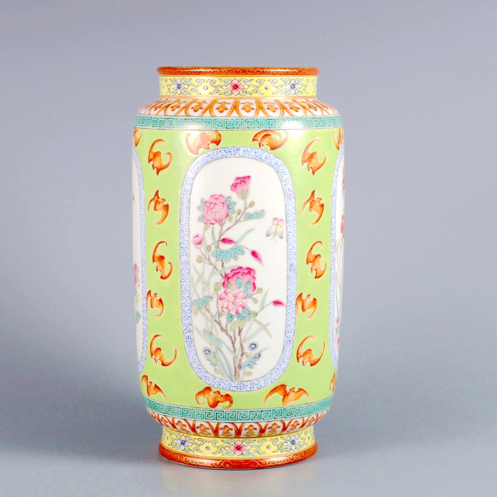A GREEN GROUND OPEN WINDOW FAMILLE ROSE FOUR SEASONS FLOWER BOTTLE VASE (1 of 9)