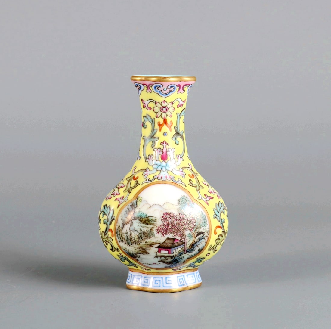 A YELLOW GROUND FALANGCAI OPEN LANDSCAPE FOUR SEASONS FLOWER HAWTHORN VASE (1 of 8)