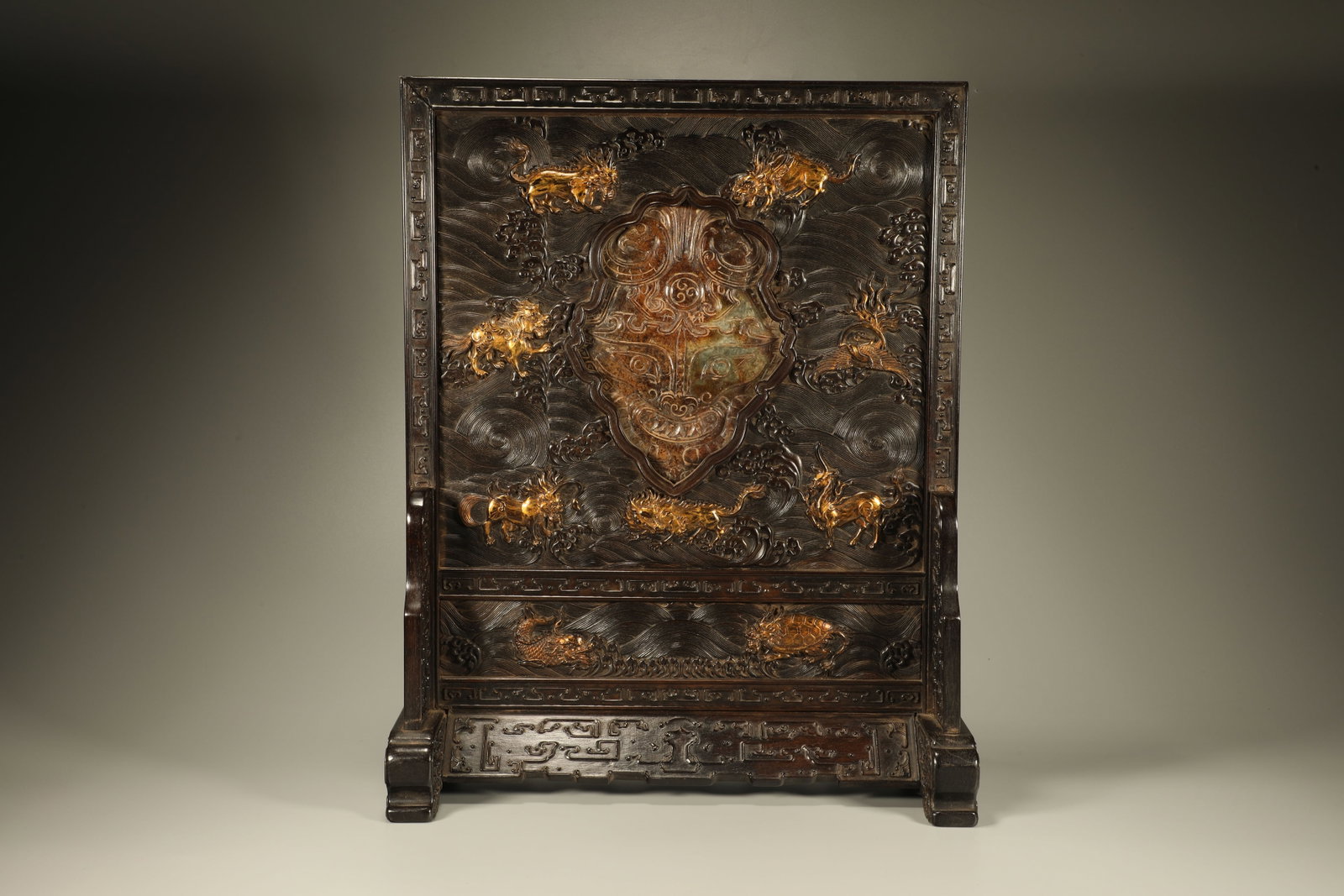 Red Sandalwood Inlaid Jade Gold Drawing Carved Beast and Sea Wave Pattern Table Plaque (1 of 7)