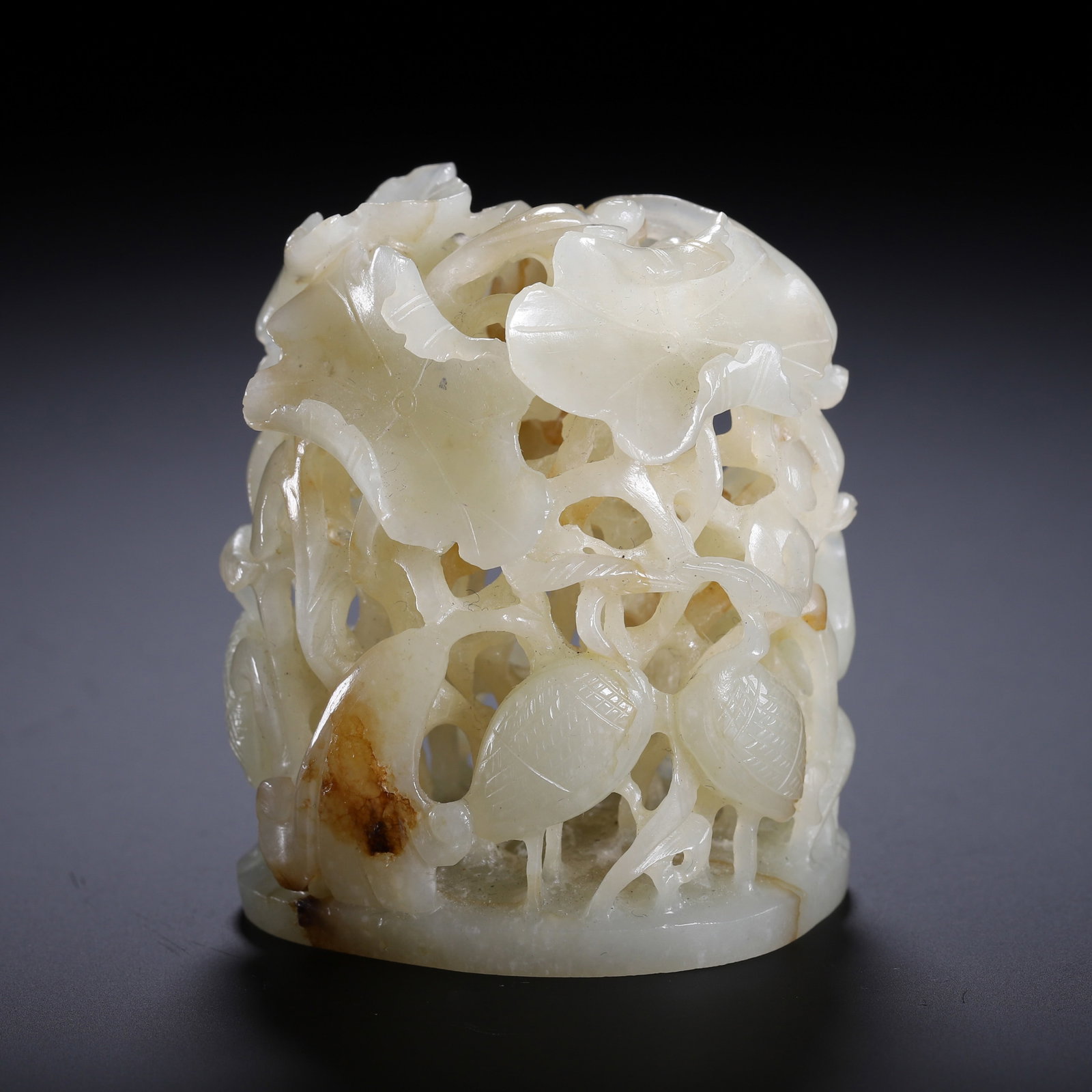 A Chinese Hetian Jade Censer Finial with Crane and Lotus Carving (1 of 9)