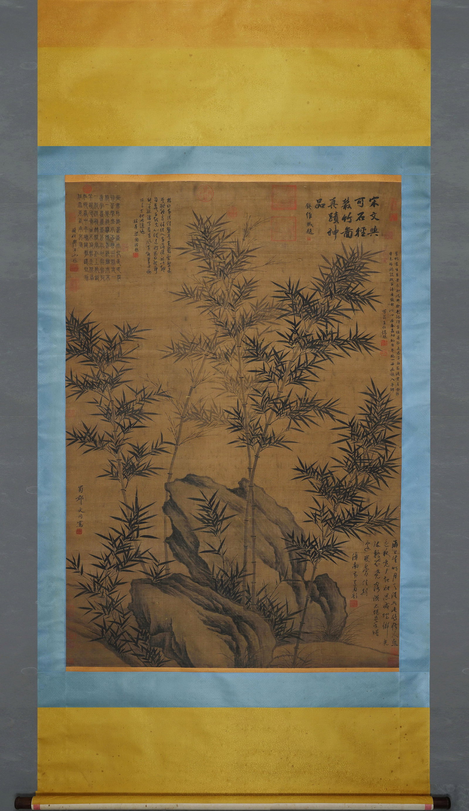Wen Tong mark, Chinese Bamboo and Stone painting, Ink on Silk, Hanging Scroll: Wen Tong mark, Chinese Bamboo and Stone painting, Ink on Silk, Hanging Scroll (151 x 105cm)