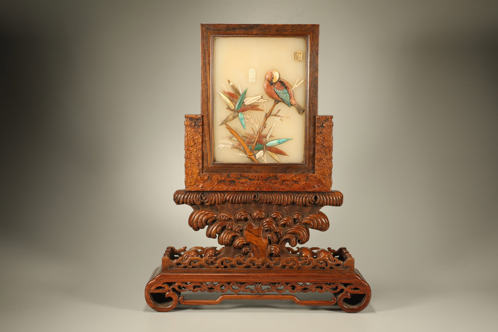 Huanghuali Wood Inlaid Multi GemStone Carved Flower and Bird Pattern Table Plaque: Huanghuali Wood Inlaid Multi GemStone Carved Flower and Bird Pattern Table Plaque (45 x 35 x 10cm)